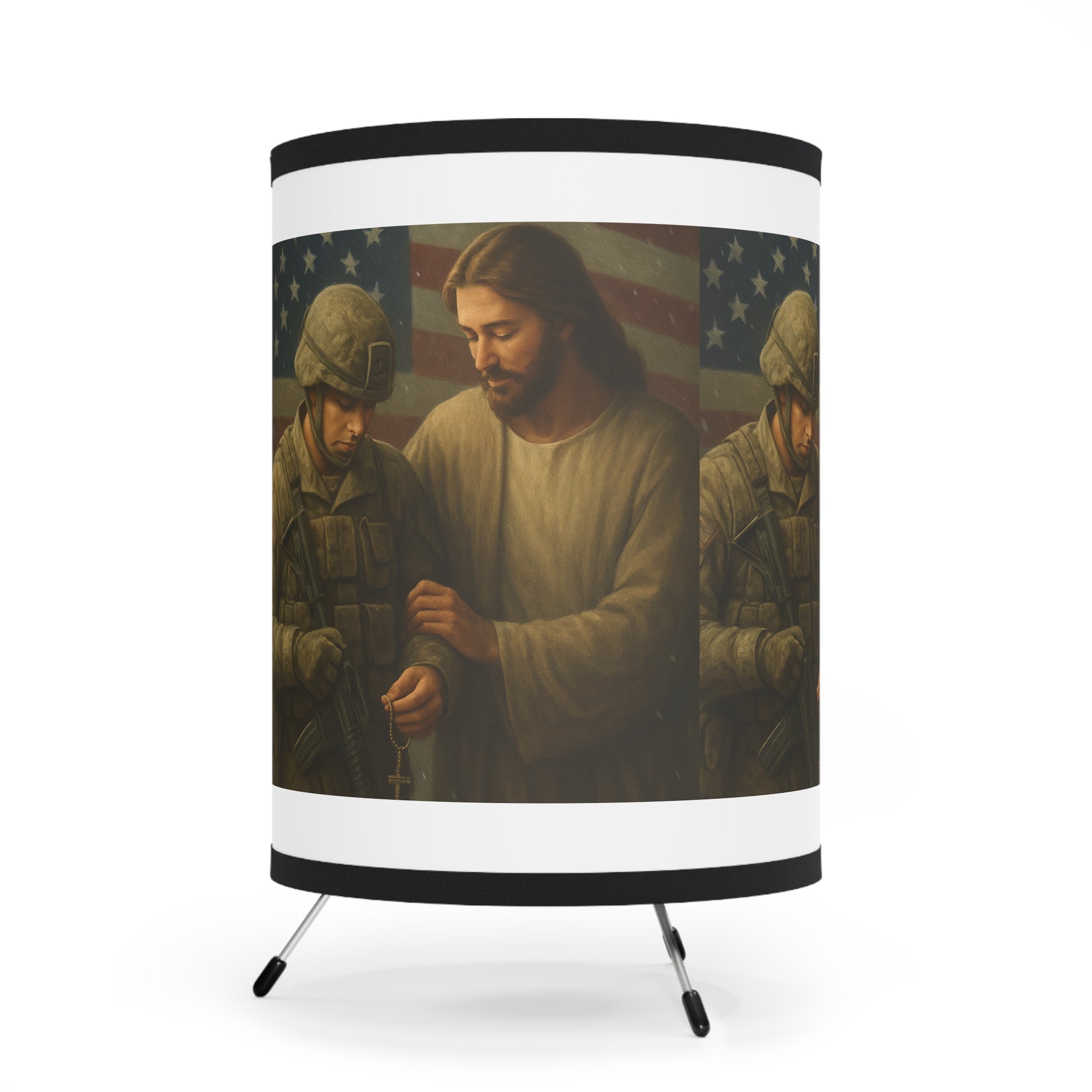 Patriotic Jesus & Soldier Tripod Lamp — Faith-Based Military Table Lamp