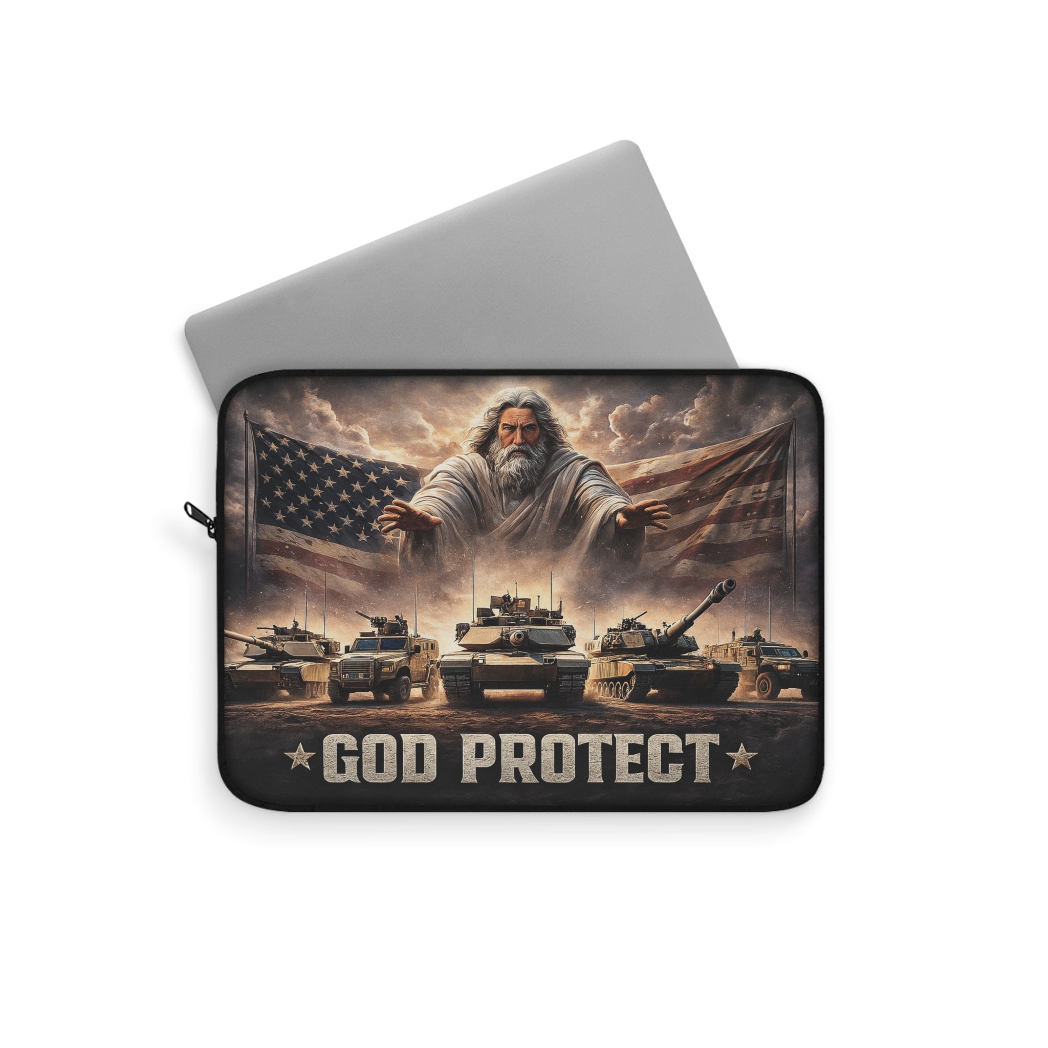 God Protect Military Laptop Sleeve — Patriotic Tanks & Guardian Figure