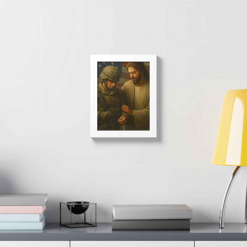 Framed Poster - Jesus Comforting Soldier with American Flag (Faith & Patriotism Wall Art)