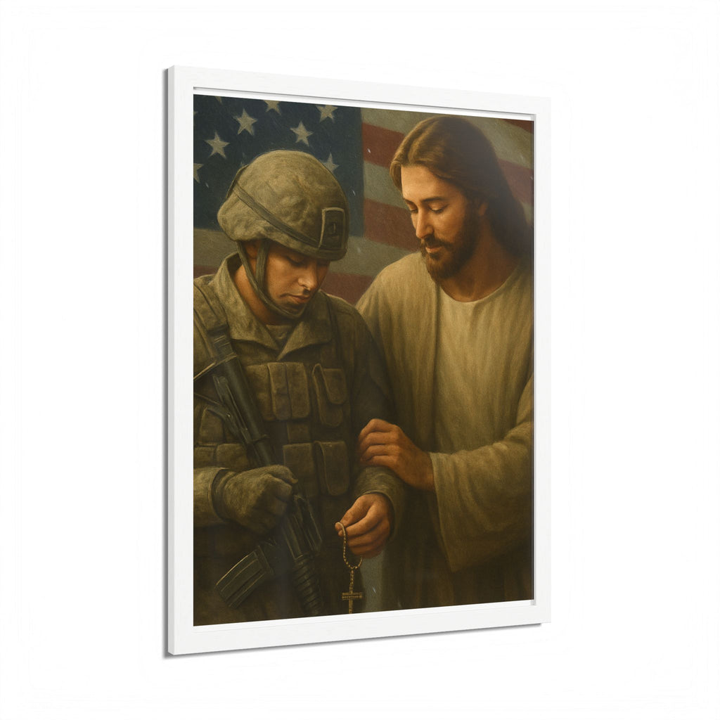 Framed Poster - Jesus Comforting Soldier with American Flag (Faith & Patriotism Wall Art)