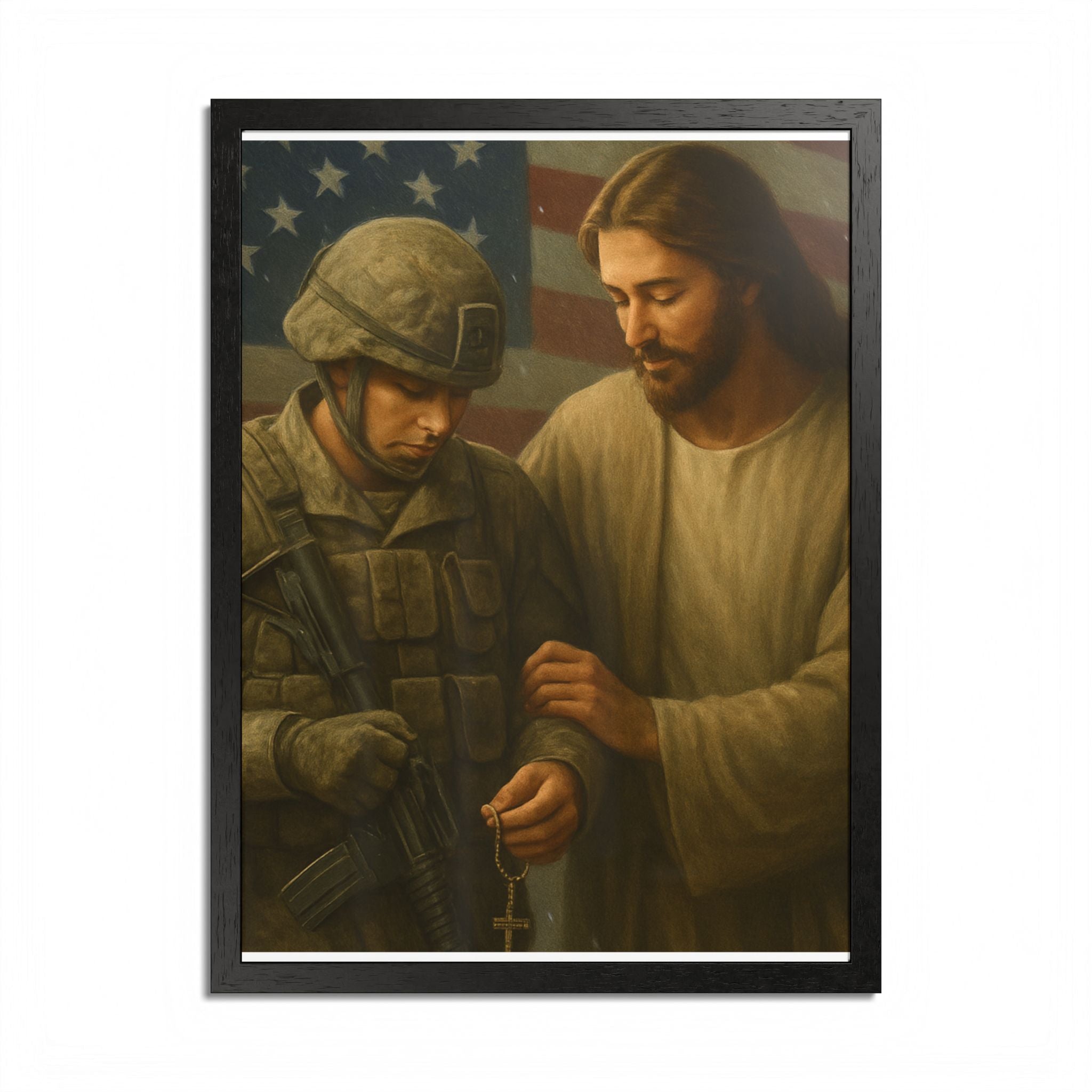 Framed Poster - Jesus Comforting Soldier with American Flag (Faith & Patriotism Wall Art)