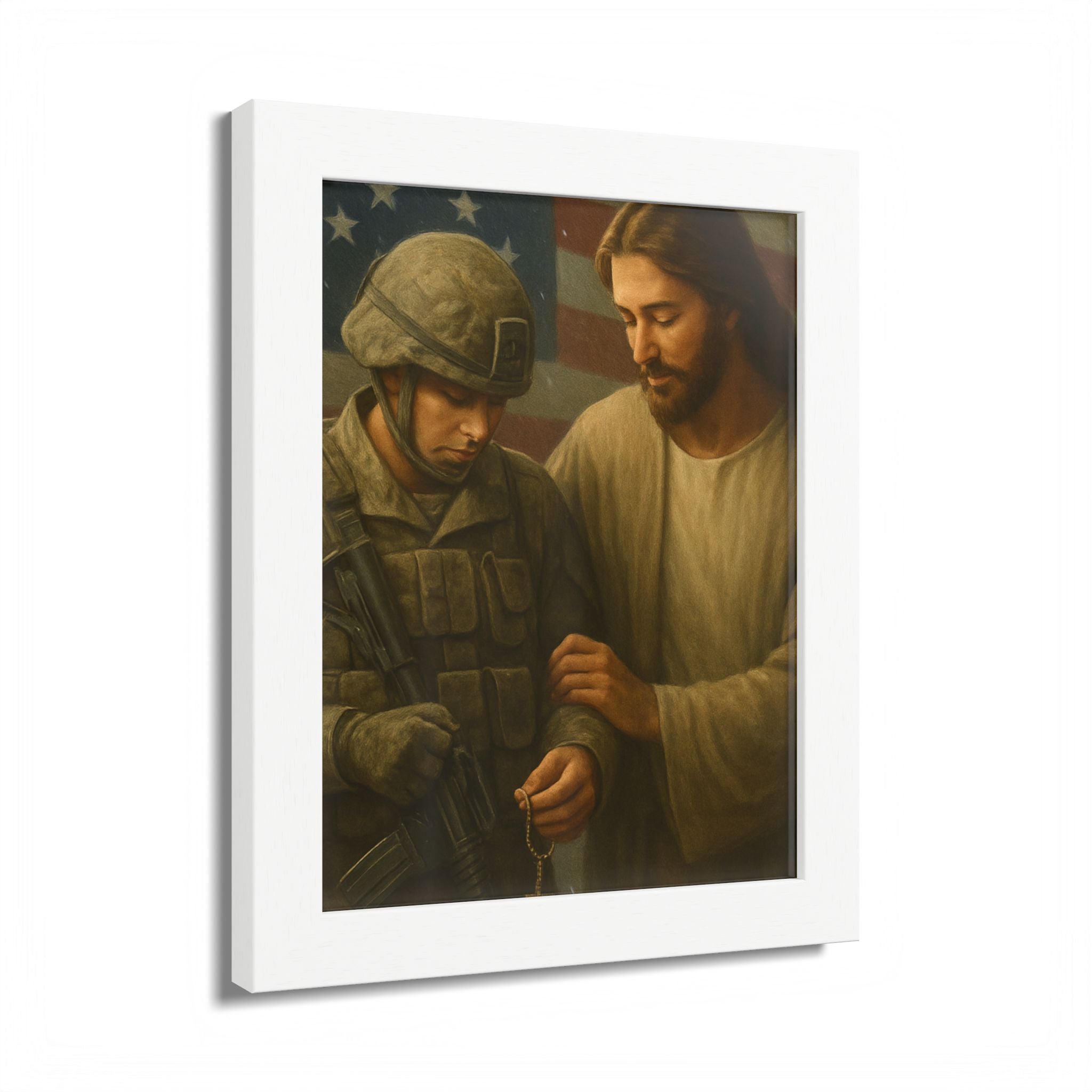 Framed Poster - Jesus Comforting Soldier with American Flag (Faith & Patriotism Wall Art)