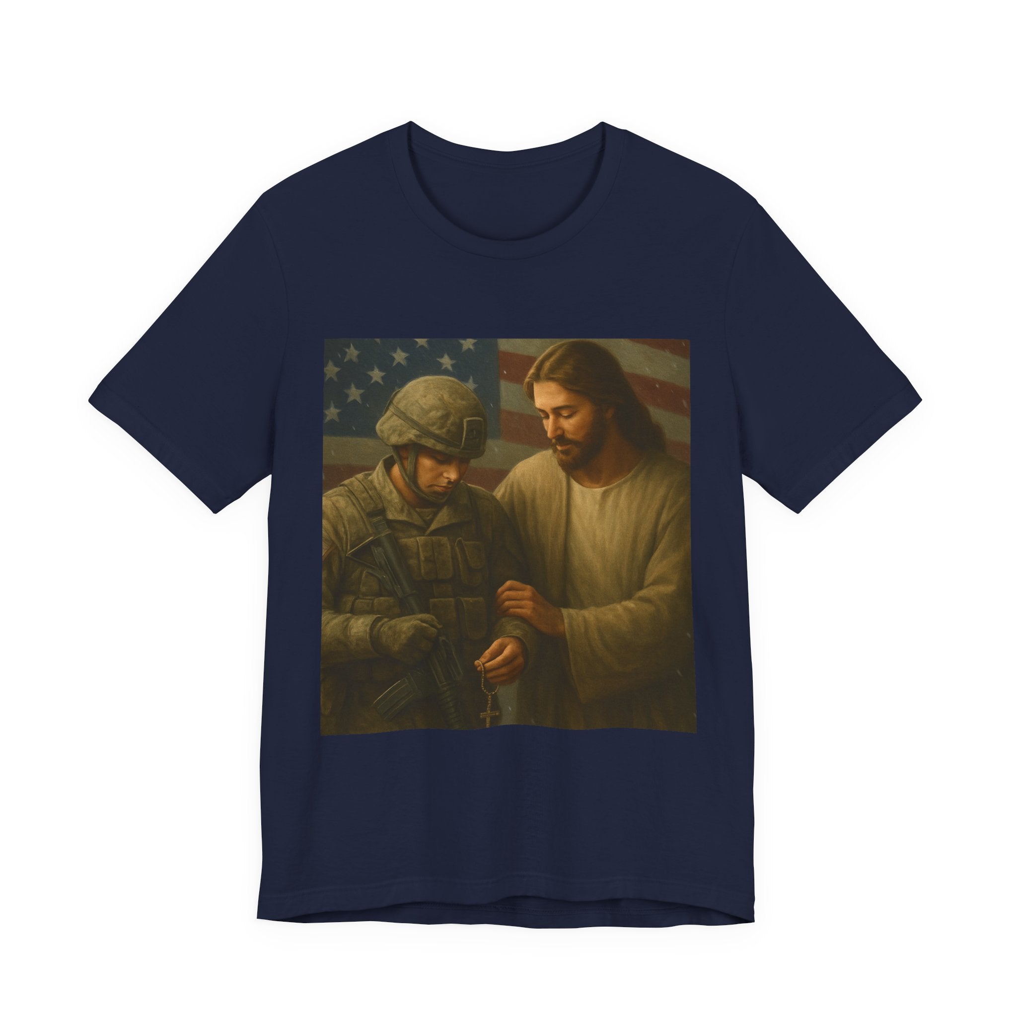 Jesus Comforting Soldier T‑Shirt — Patriot Faith Military Tribute Tee