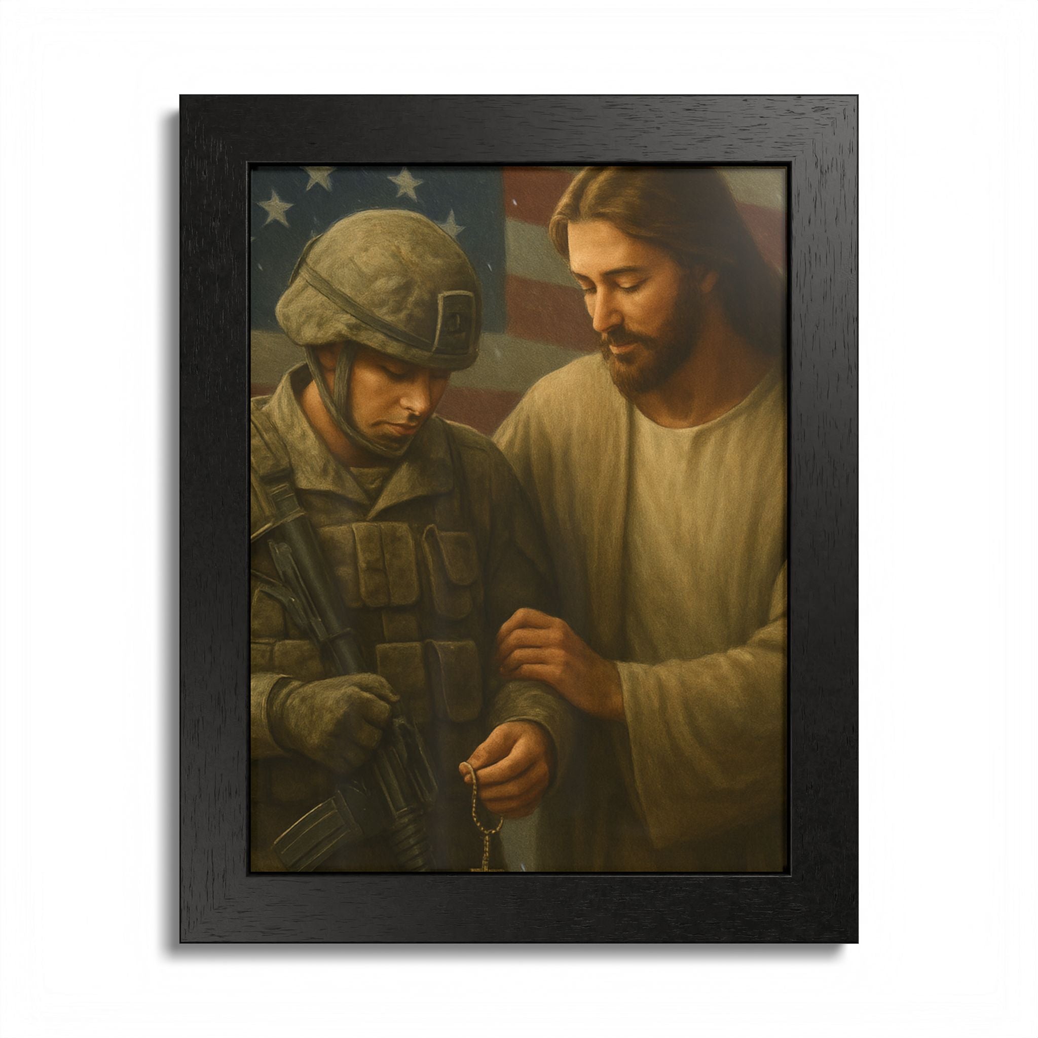 Framed Poster - Jesus Comforting Soldier with American Flag (Faith & Patriotism Wall Art)