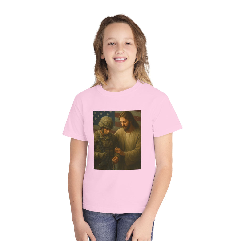 Youth Tee — Jesus Blessing Soldier | Christian Patriot Kids T-Shirt