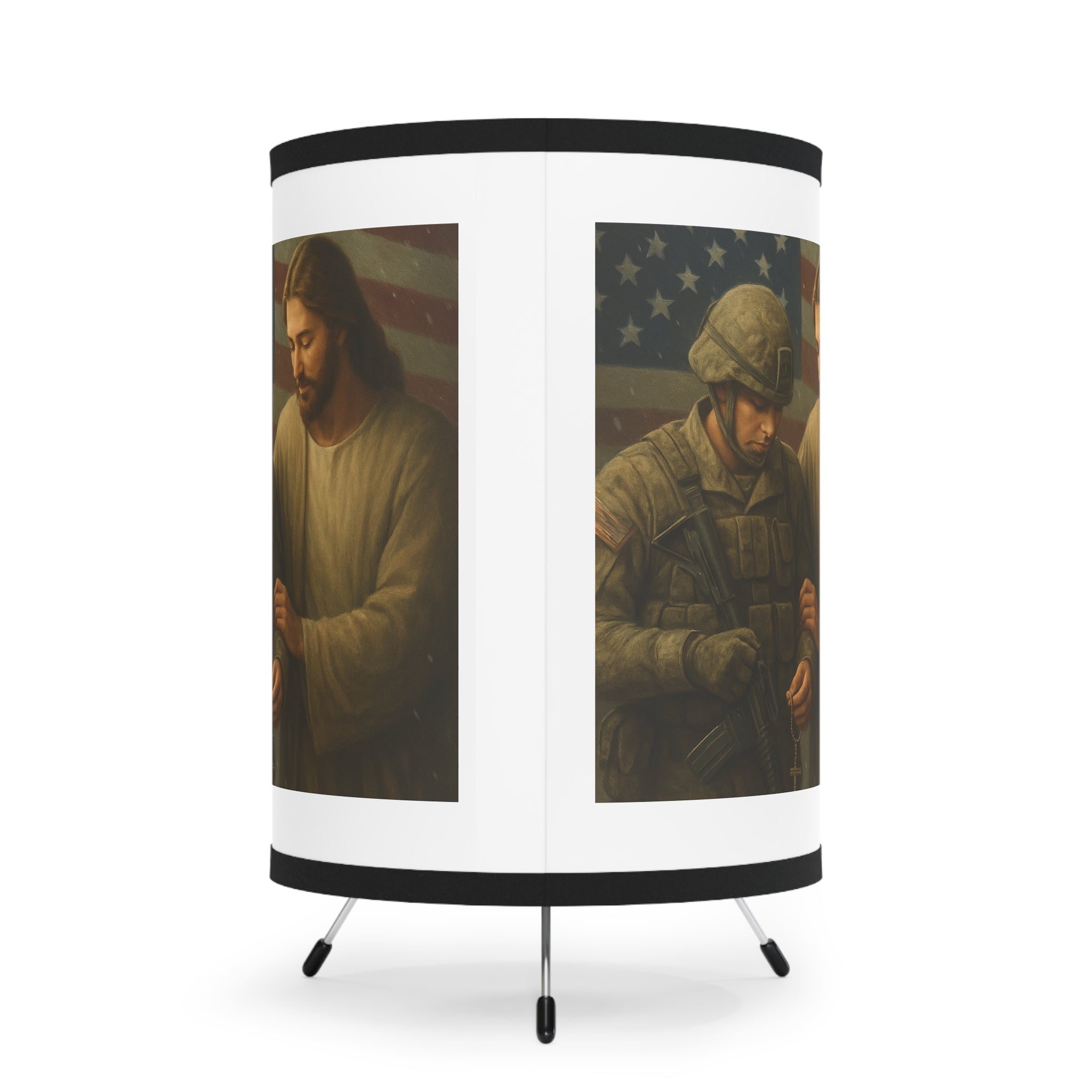 Patriotic Jesus & Soldier Tripod Lamp — Faith-Based Military Table Lamp