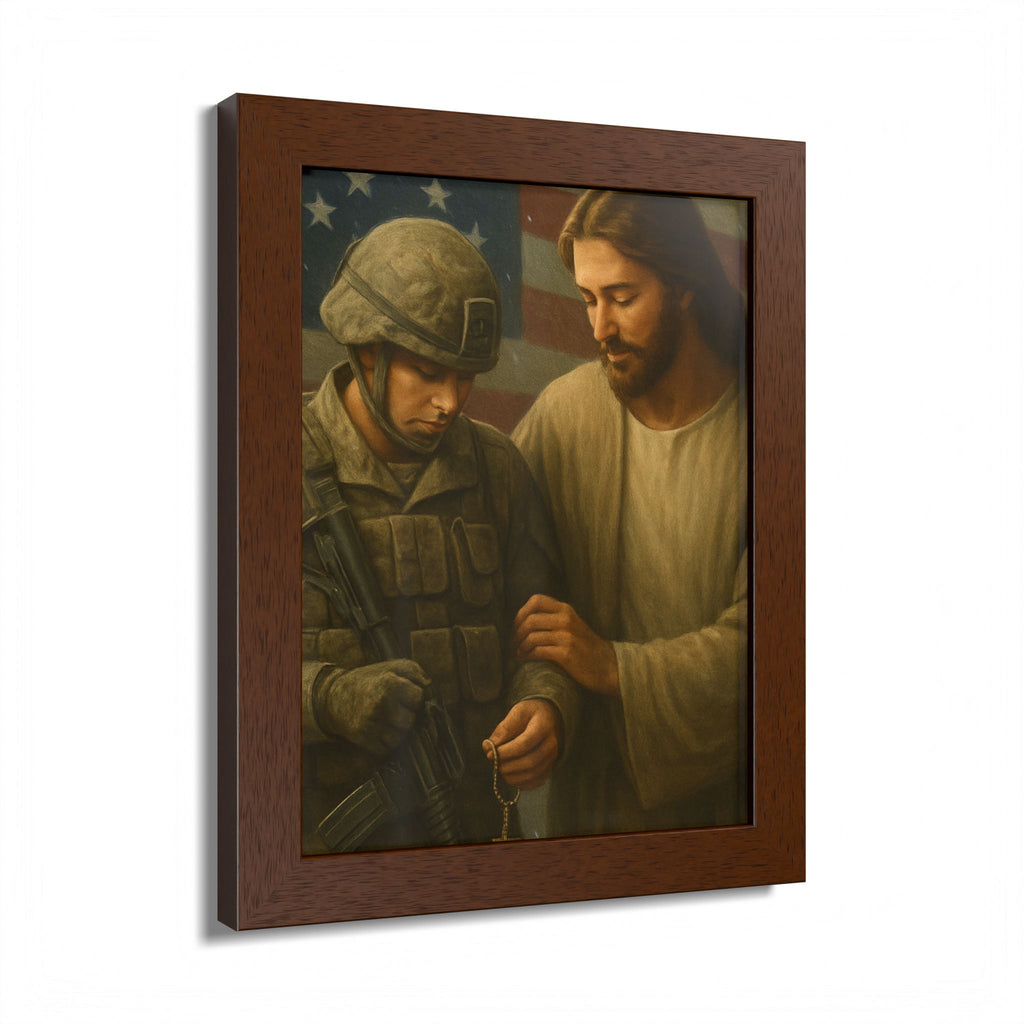 Framed Poster - Jesus Comforting Soldier with American Flag (Faith & Patriotism Wall Art)