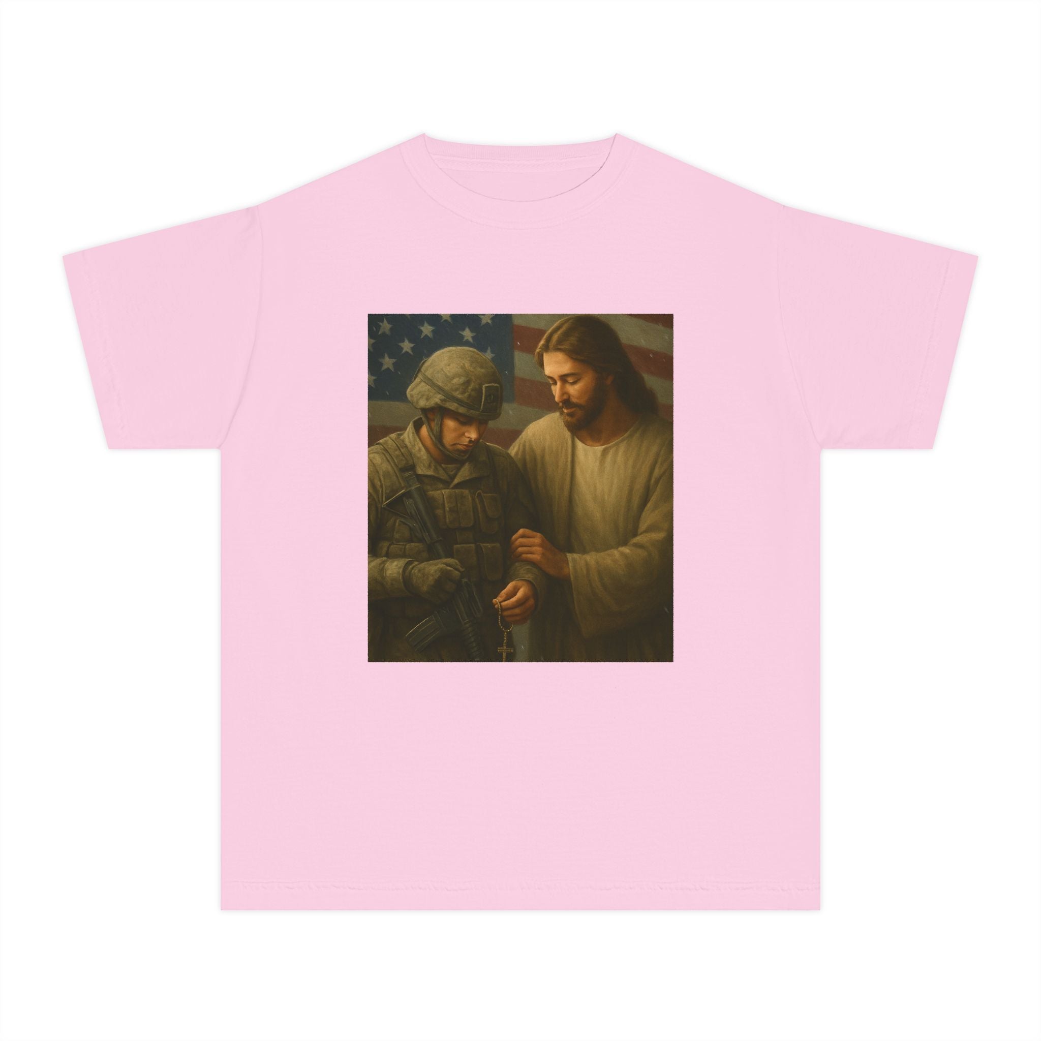Youth Tee — Jesus Blessing Soldier | Christian Patriot Kids T-Shirt