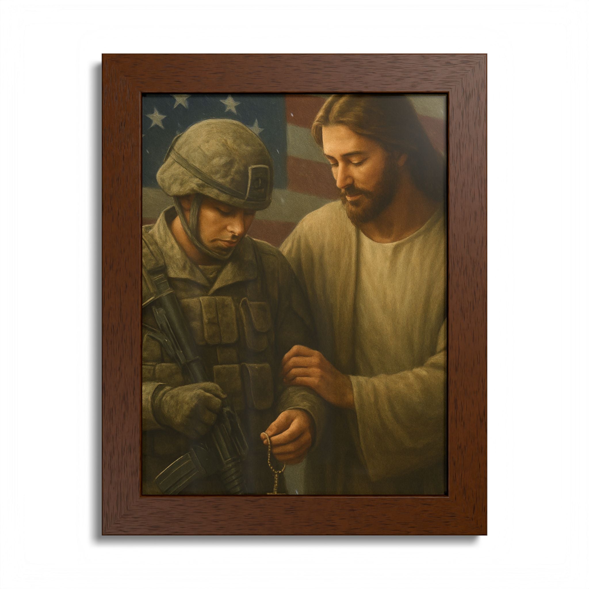 Framed Poster - Jesus Comforting Soldier with American Flag (Faith & Patriotism Wall Art)
