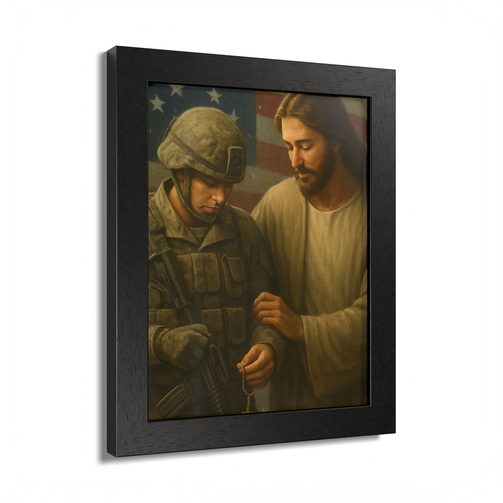 Framed Poster - Jesus Comforting Soldier with American Flag (Faith & Patriotism Wall Art)