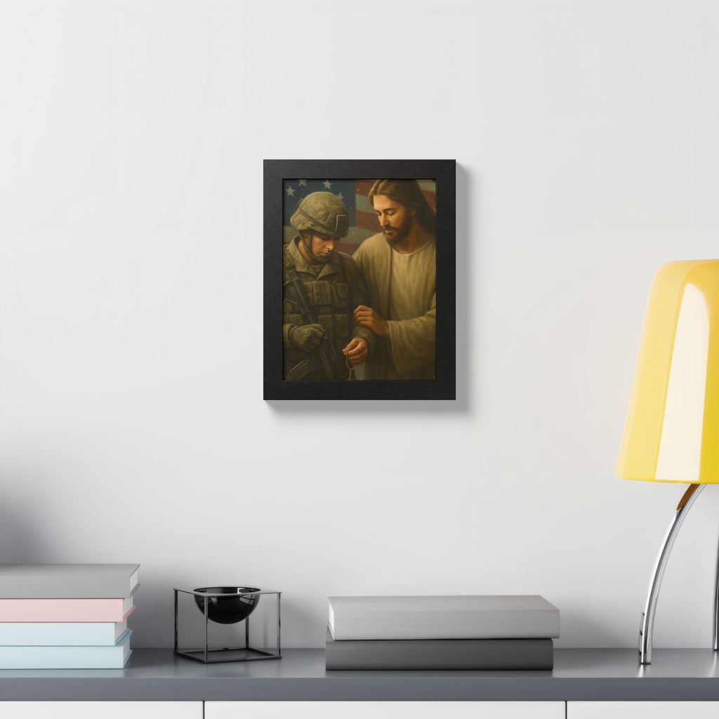Framed Poster - Jesus Comforting Soldier with American Flag (Faith & Patriotism Wall Art)