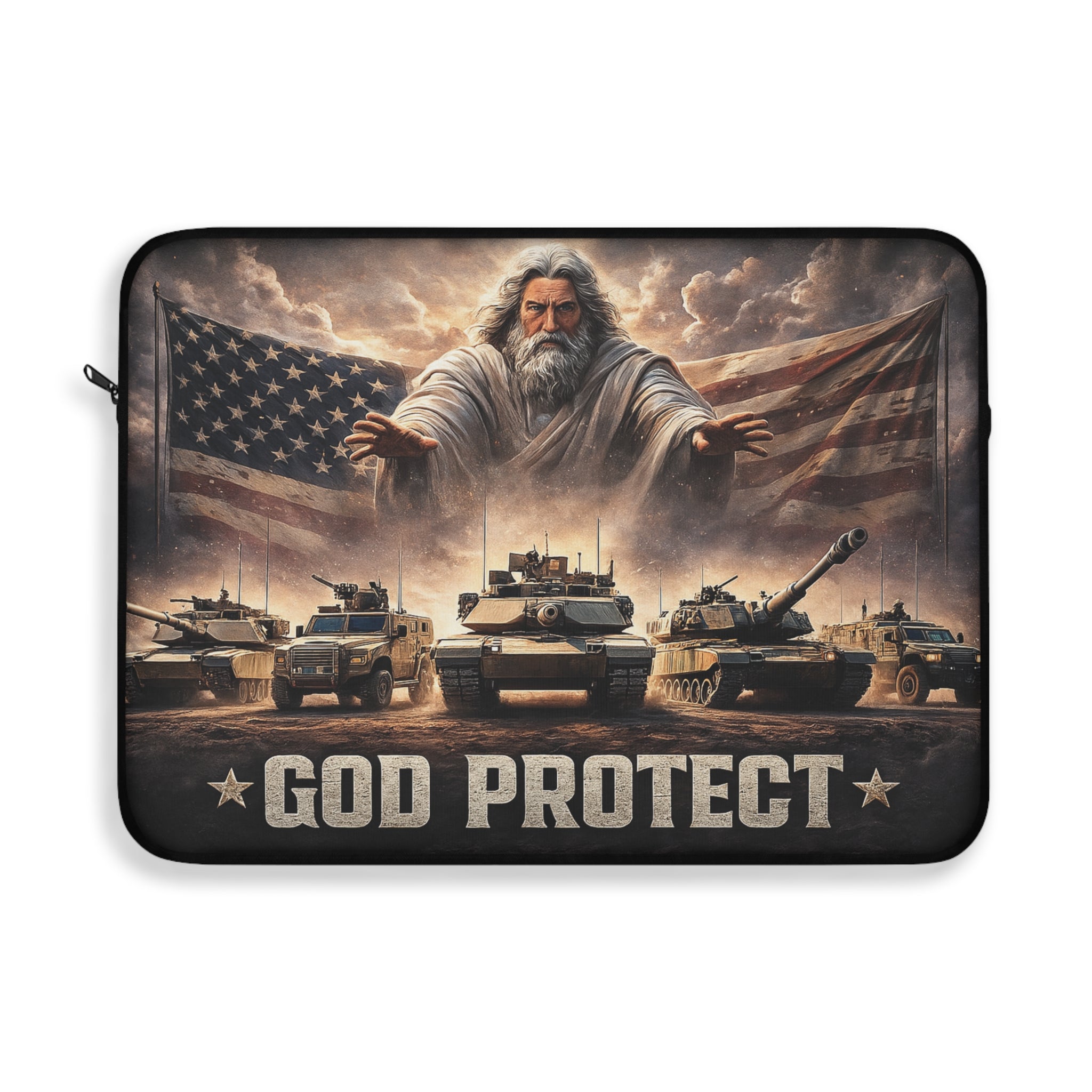 God Protect Military Laptop Sleeve — Patriotic Tanks & Guardian Figure