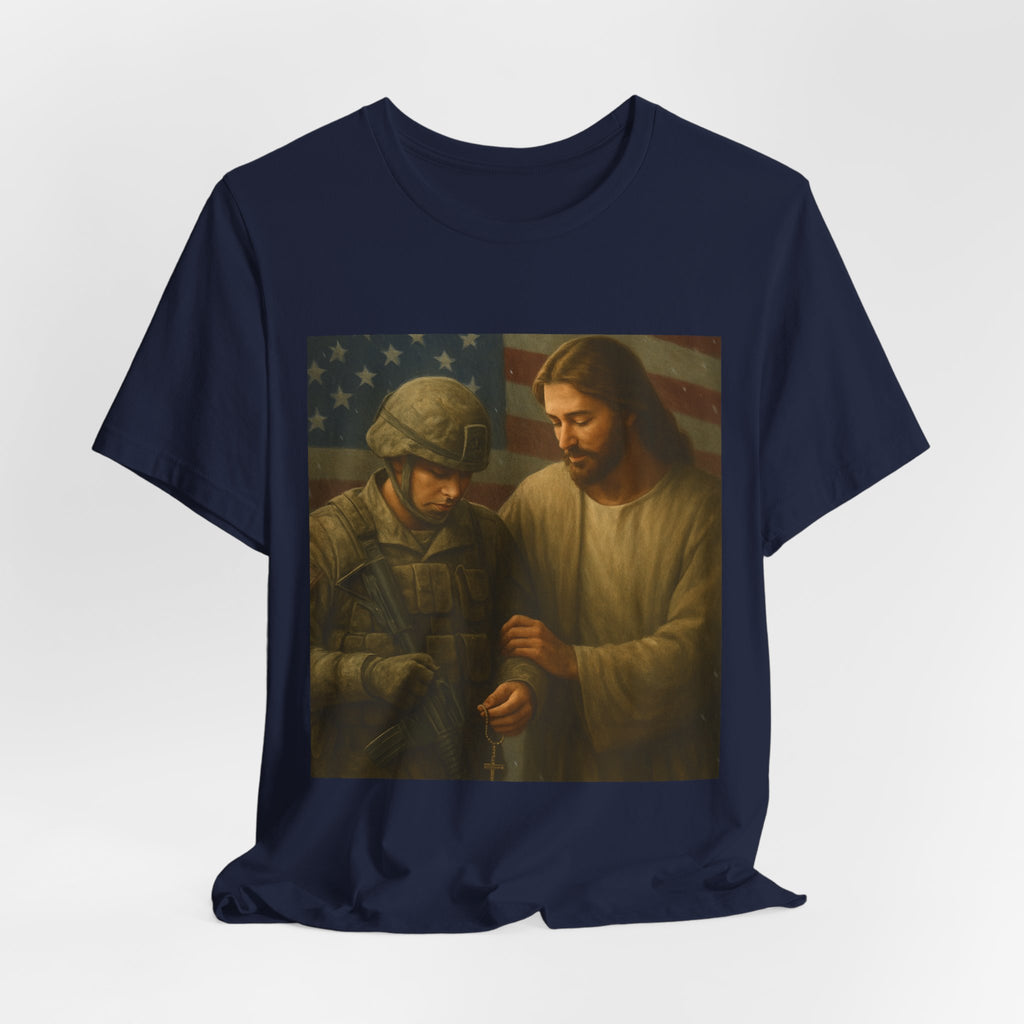 Jesus Comforting Soldier T‑Shirt — Patriot Faith Military Tribute Tee