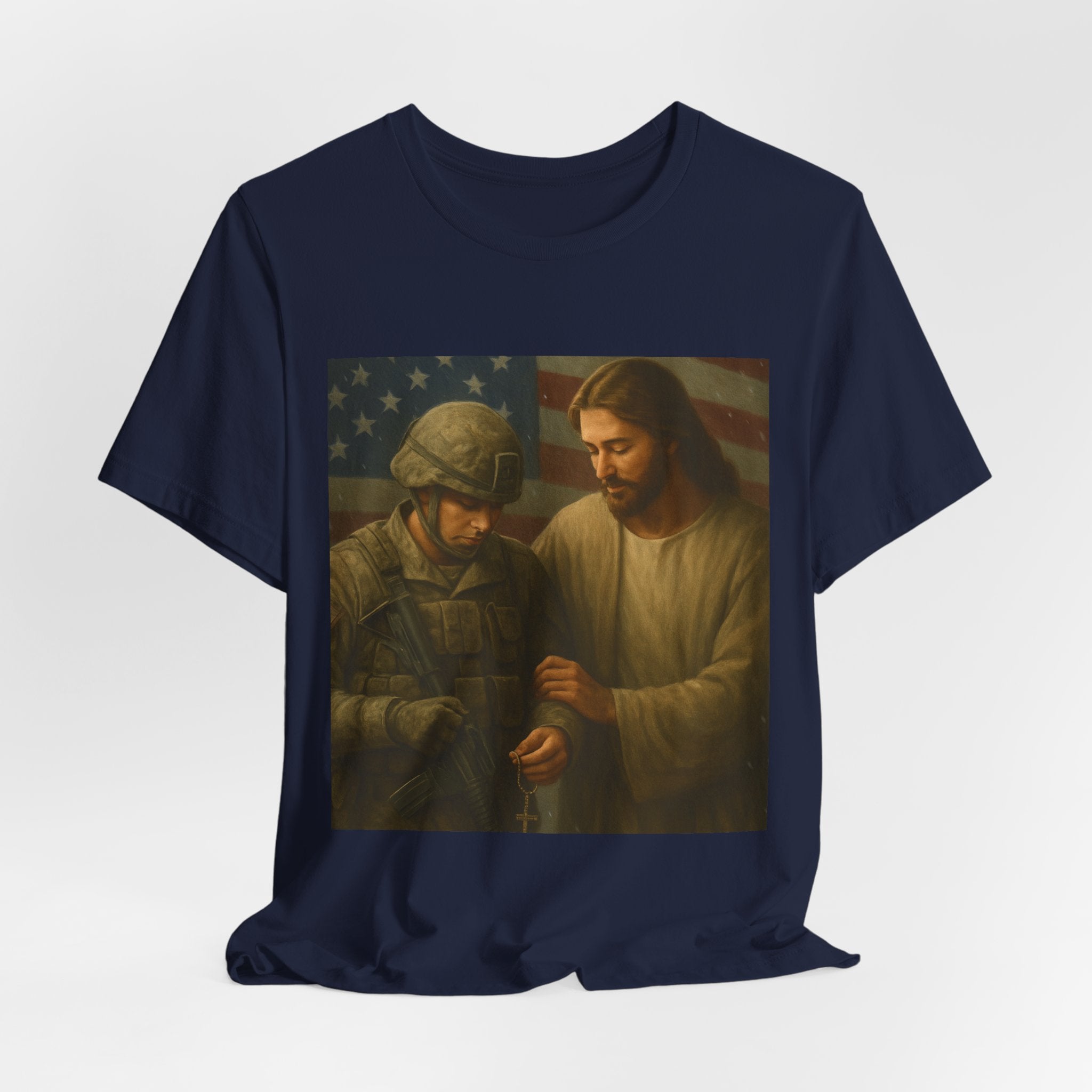 Jesus Comforting Soldier T‑Shirt — Patriot Faith Military Tribute Tee