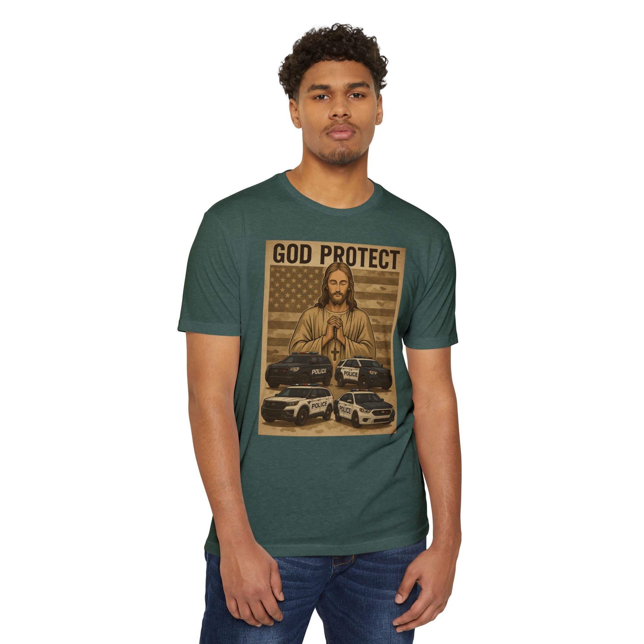 God Protect Police T-Shirt — Prayerful American Flag Law Enforcement Tee