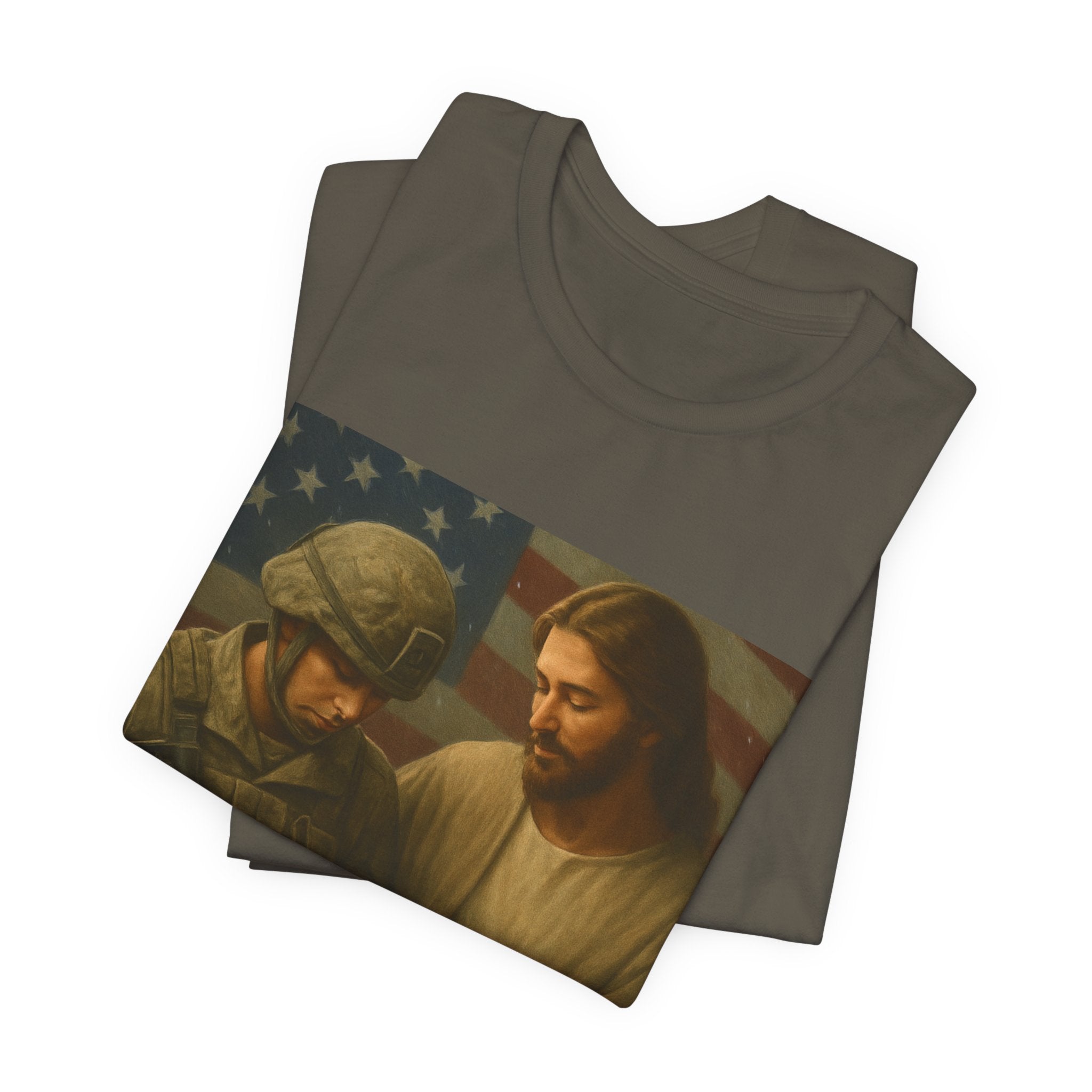 Jesus Comforting Soldier T‑Shirt — Patriot Faith Military Tribute Tee