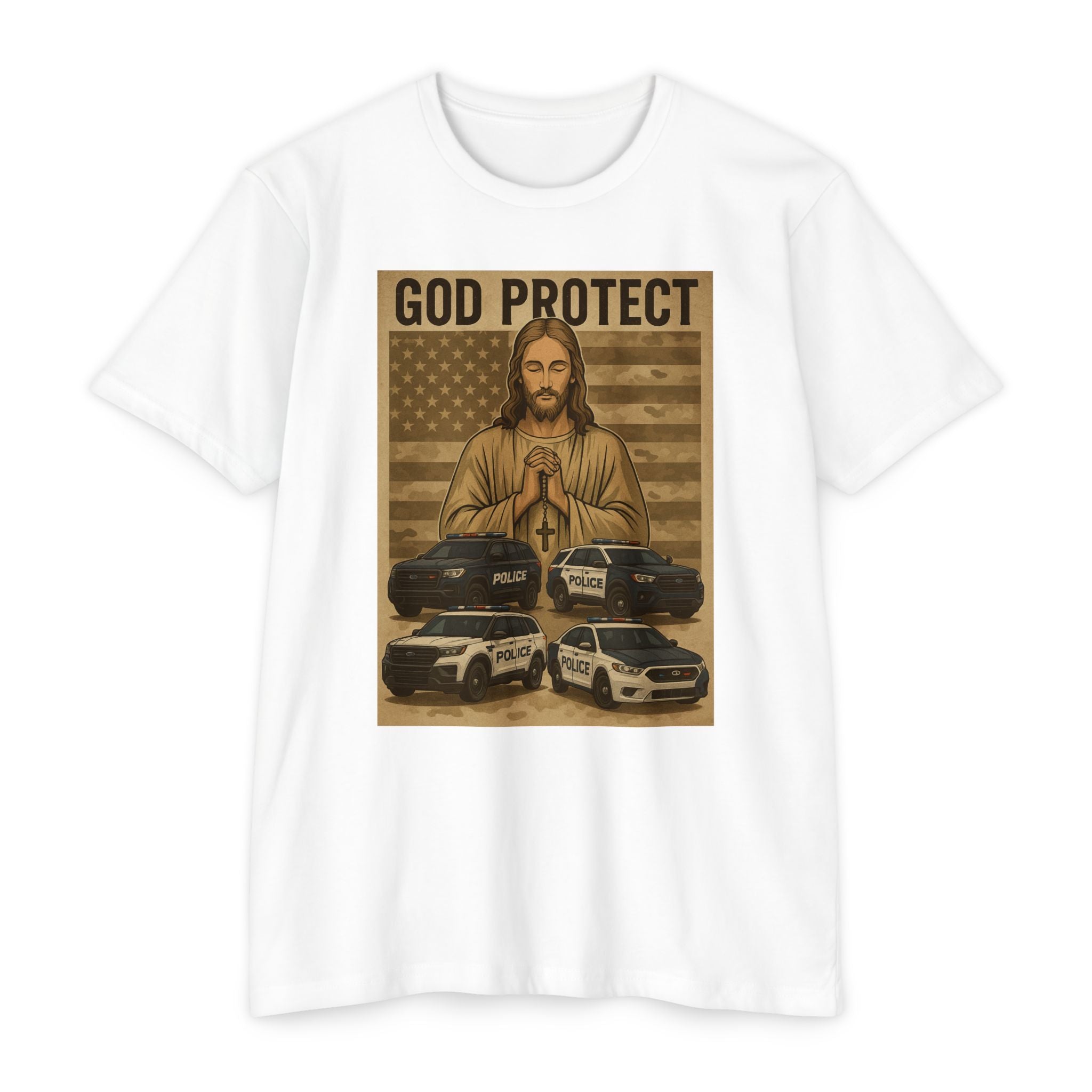 God Protect Police T-Shirt — Prayerful American Flag Law Enforcement Tee
