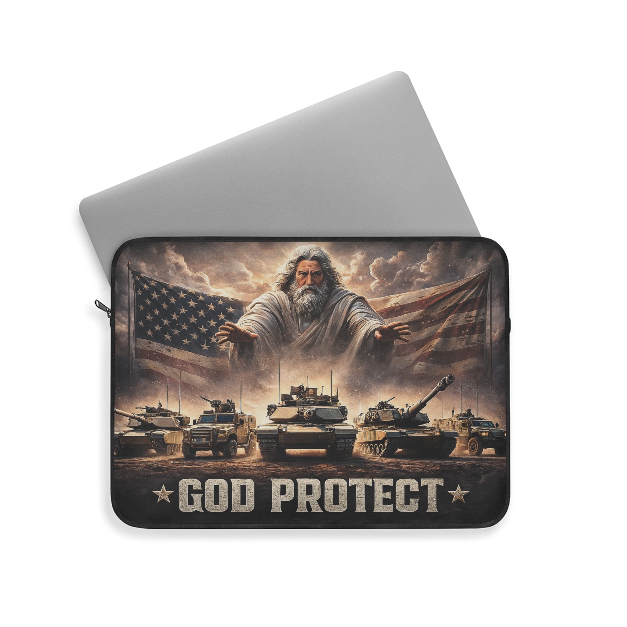 God Protect Military Laptop Sleeve — Patriotic Tanks & Guardian Figure