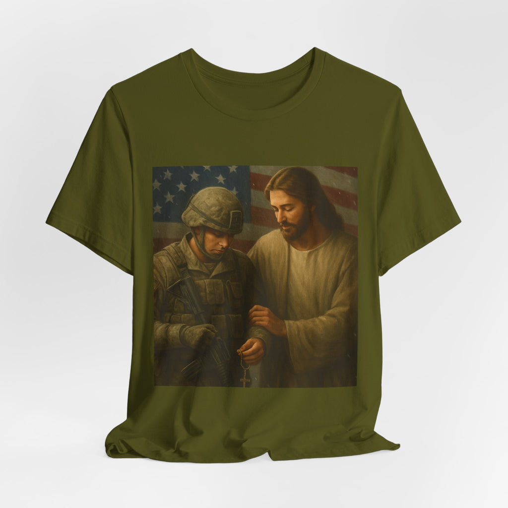 Jesus Comforting Soldier T‑Shirt — Patriot Faith Military Tribute Tee