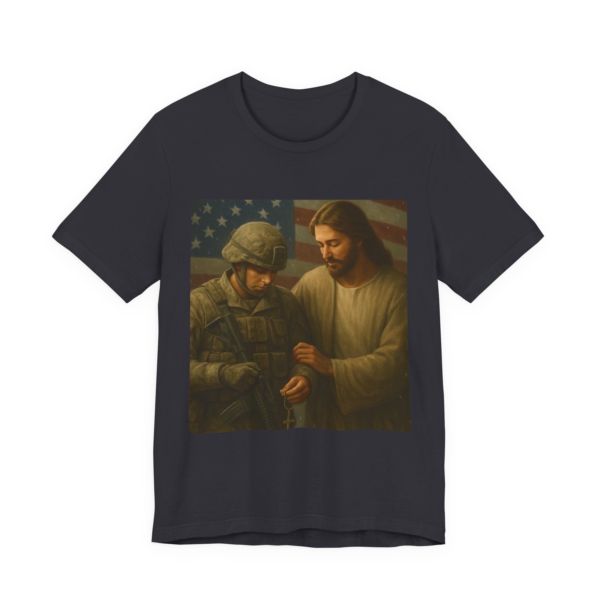 Jesus Comforting Soldier T‑Shirt — Patriot Faith Military Tribute Tee