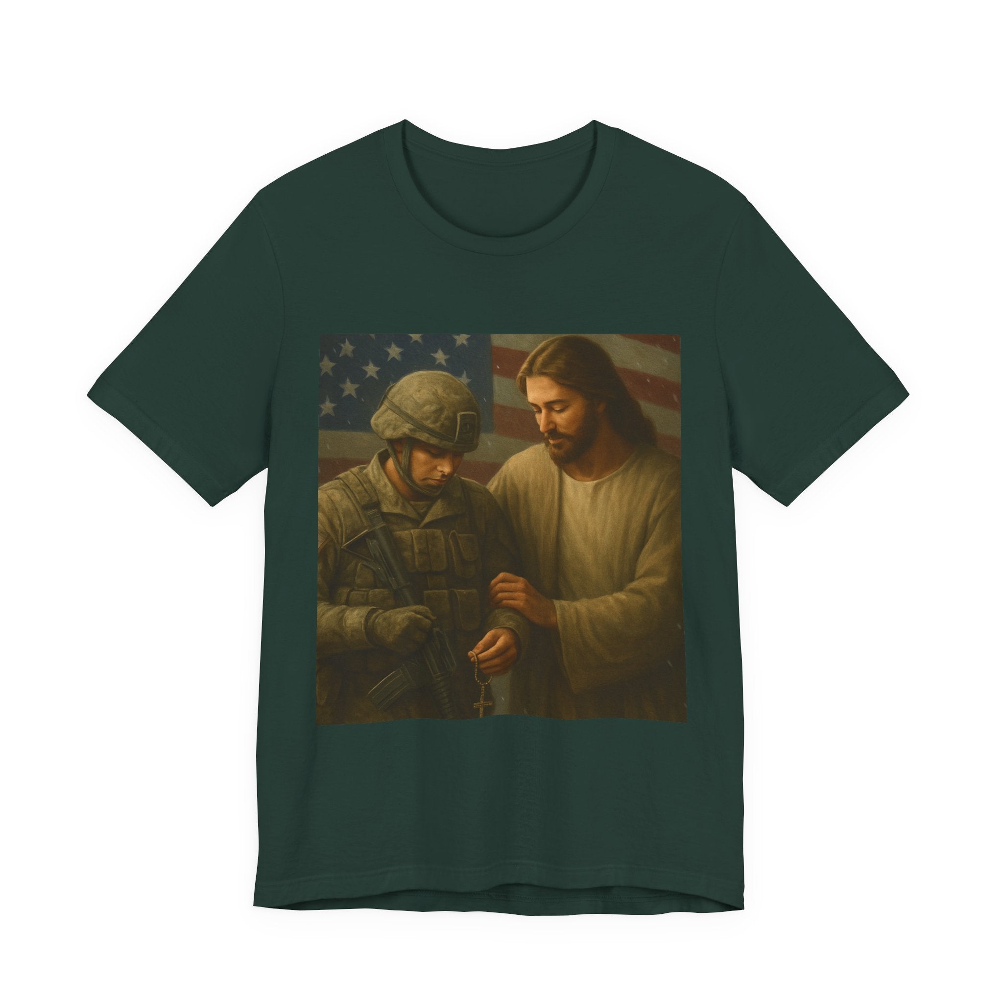 Jesus Comforting Soldier T‑Shirt — Patriot Faith Military Tribute Tee
