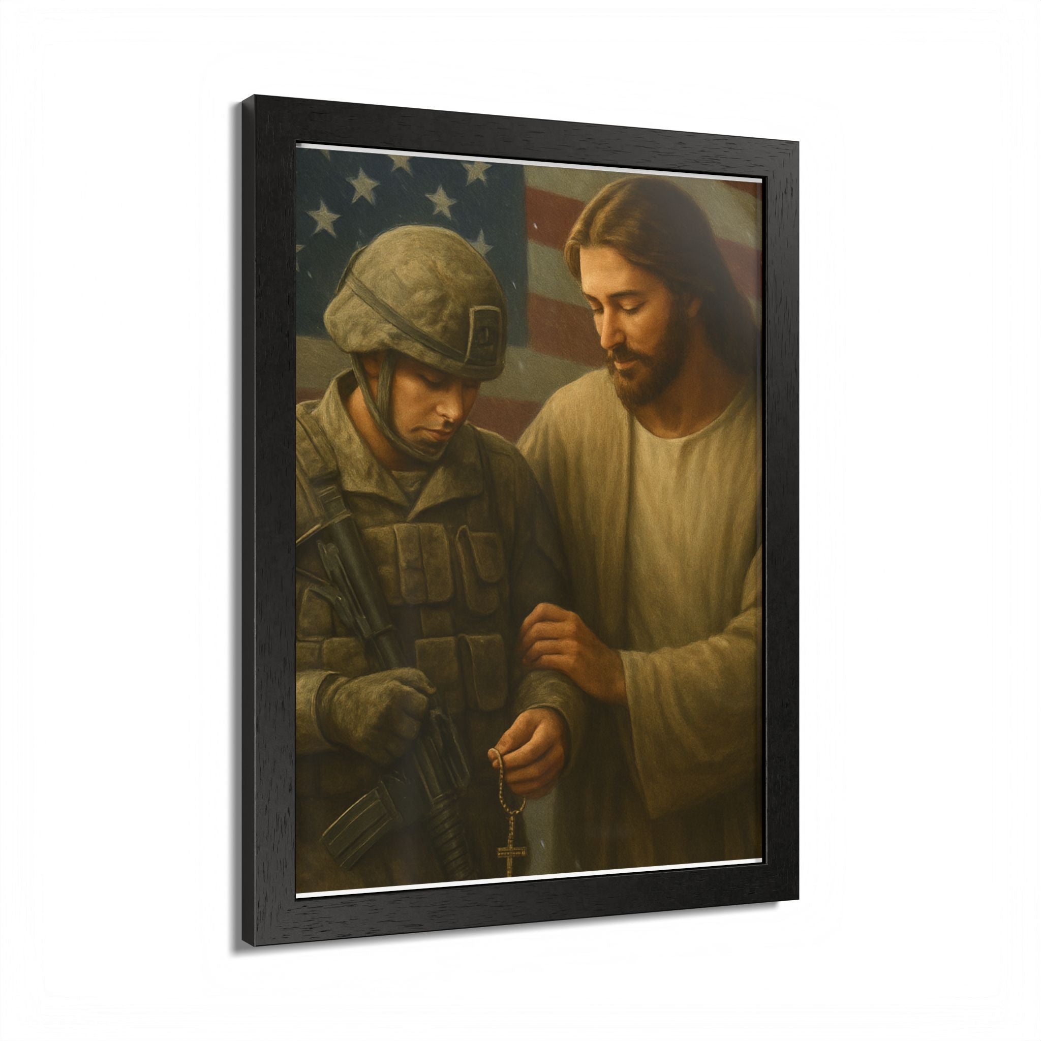 Framed Poster - Jesus Comforting Soldier with American Flag (Faith & Patriotism Wall Art)