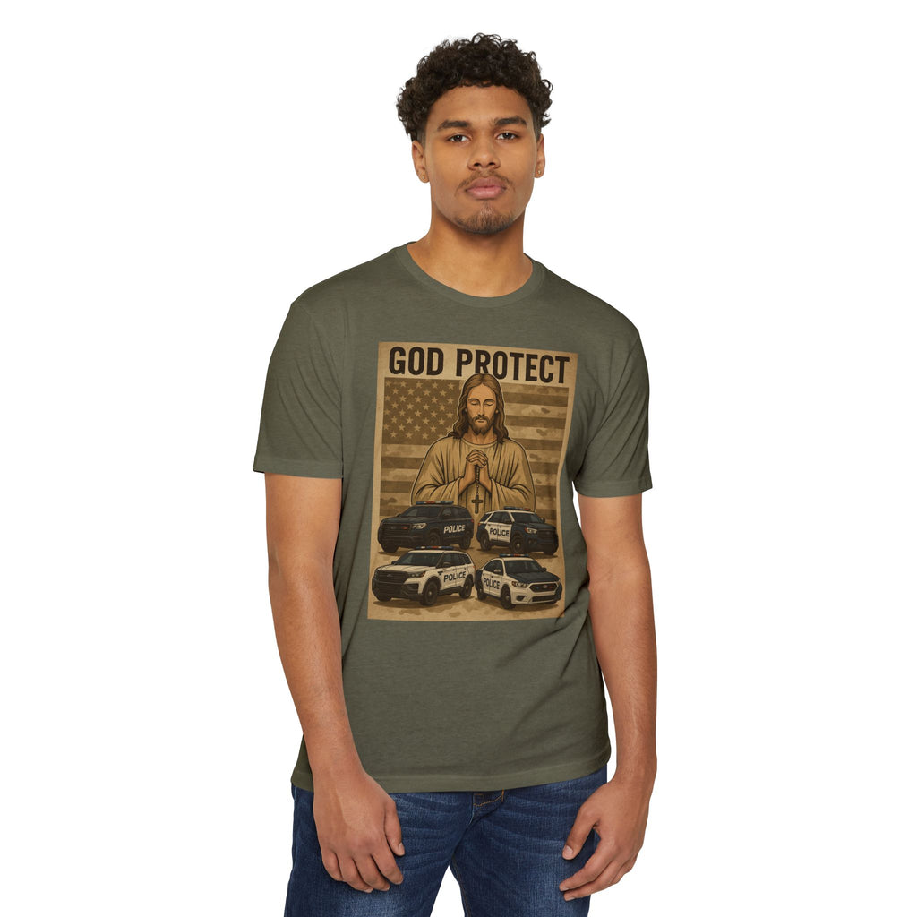 God Protect Police T-Shirt — Prayerful American Flag Law Enforcement Tee