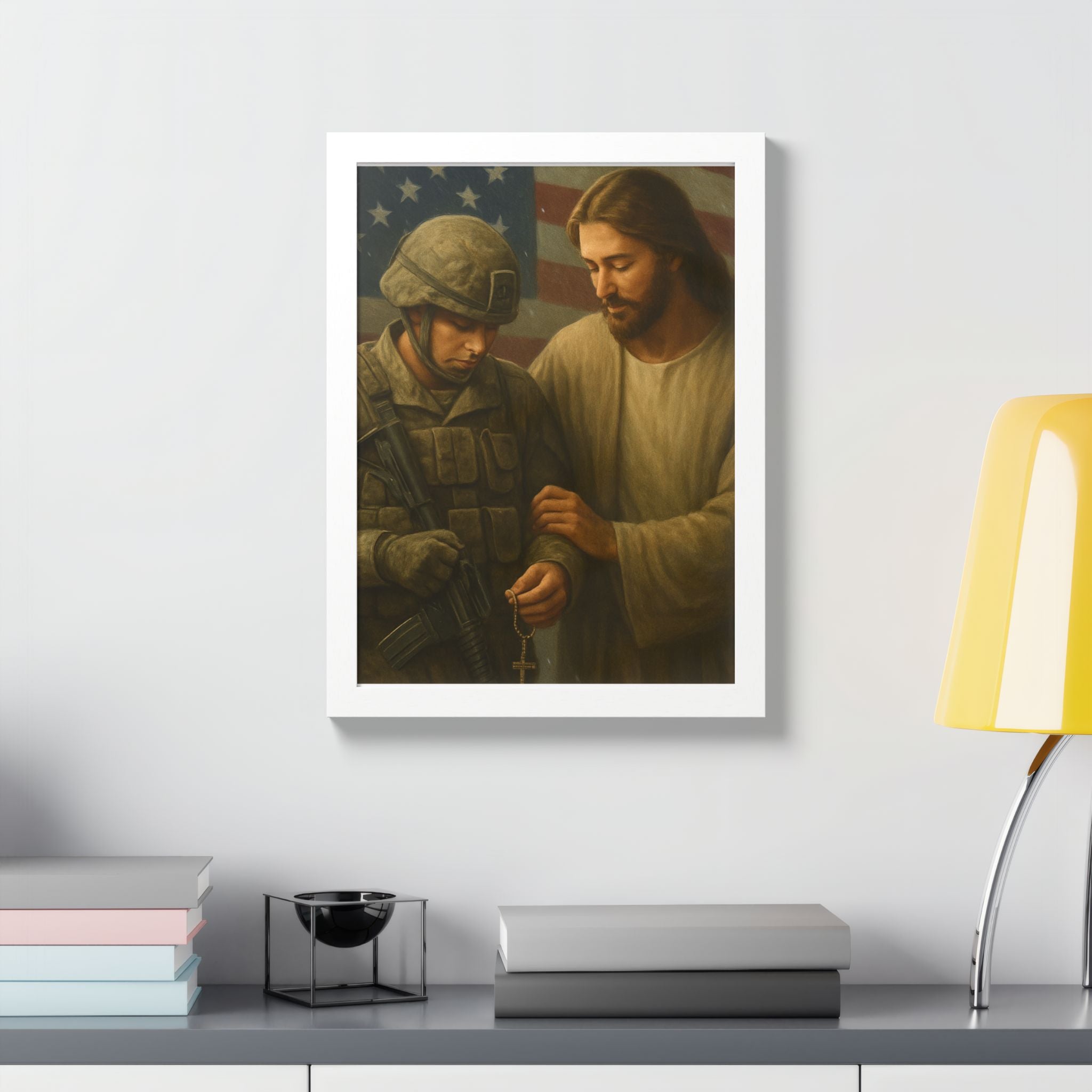 Framed Poster - Jesus Comforting Soldier with American Flag (Faith & Patriotism Wall Art)
