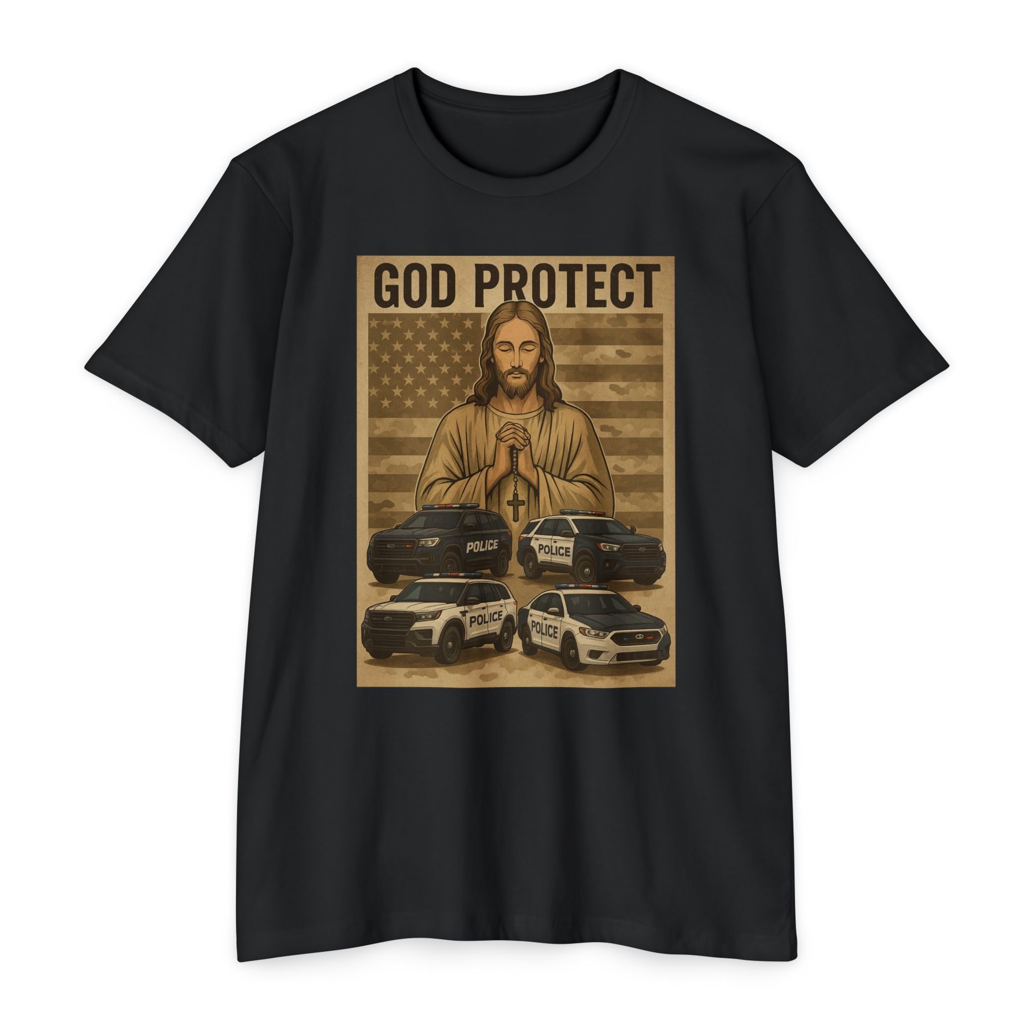 God Protect Police T-Shirt — Prayerful American Flag Law Enforcement Tee