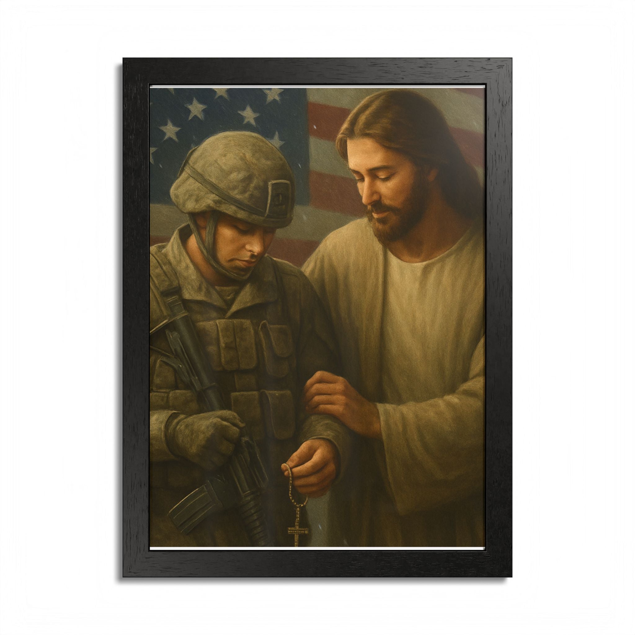 Framed Poster - Jesus Comforting Soldier with American Flag (Faith & Patriotism Wall Art)