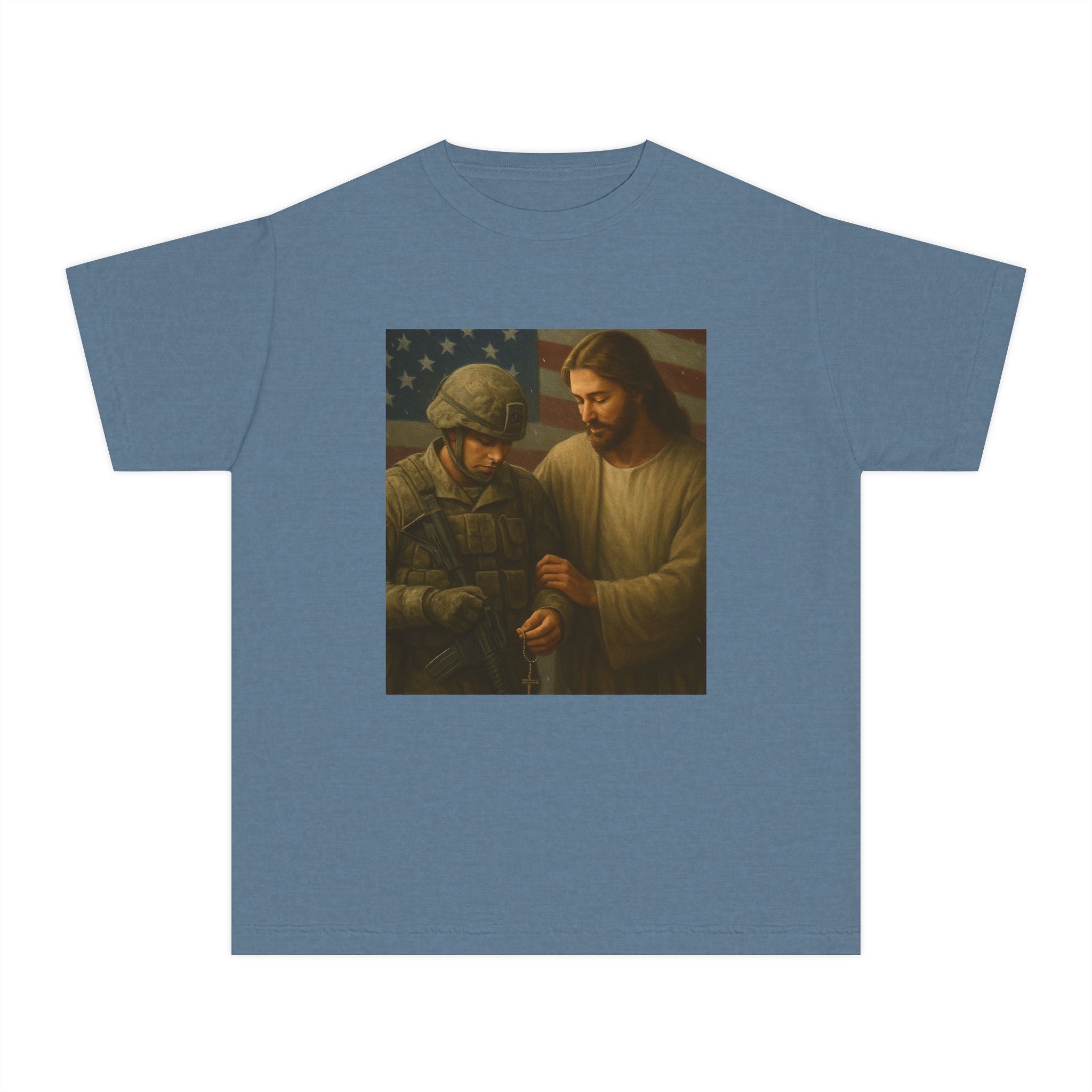 Youth Tee — Jesus Blessing Soldier | Christian Patriot Kids T-Shirt