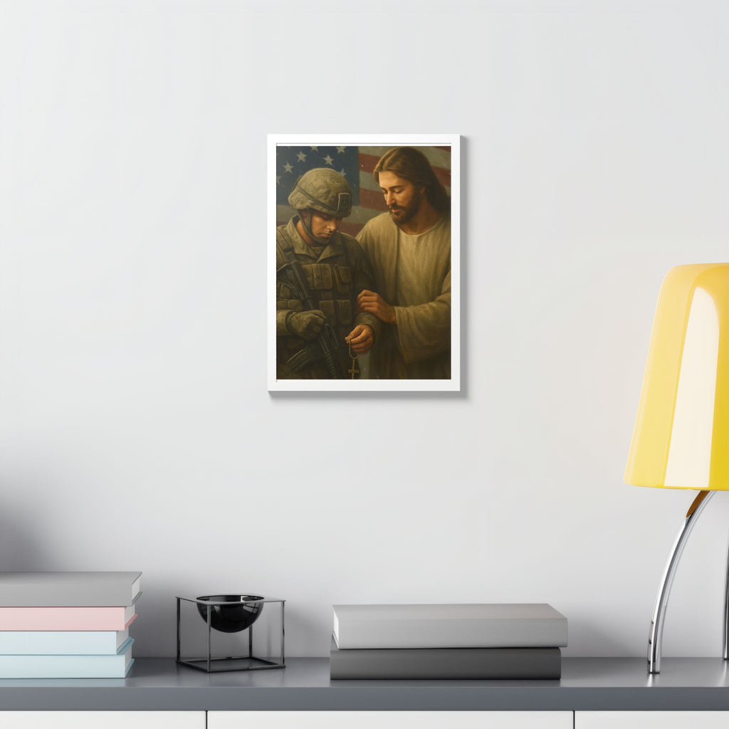 Framed Poster - Jesus Comforting Soldier with American Flag (Faith & Patriotism Wall Art)