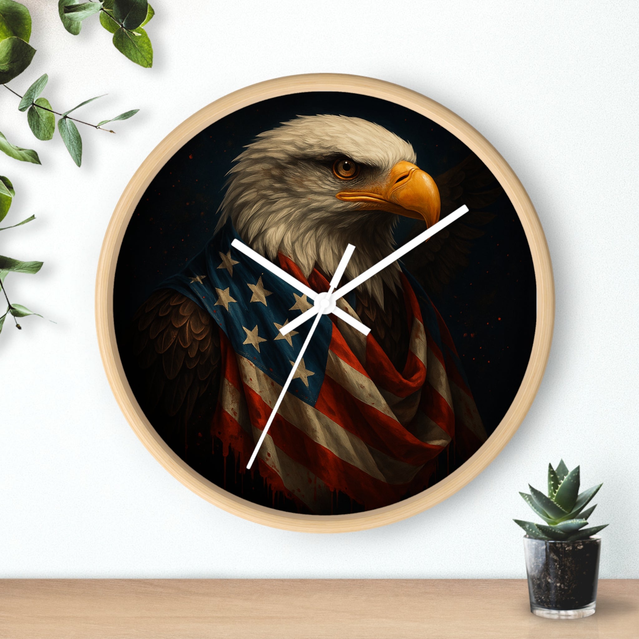 Patriotic Bald Eagle Wall Clock — American Flag Portrait