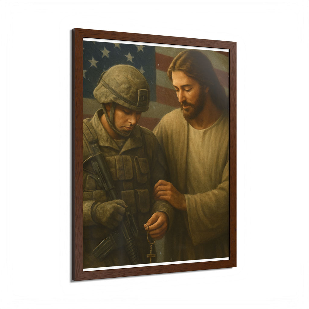 Framed Poster - Jesus Comforting Soldier with American Flag (Faith & Patriotism Wall Art)