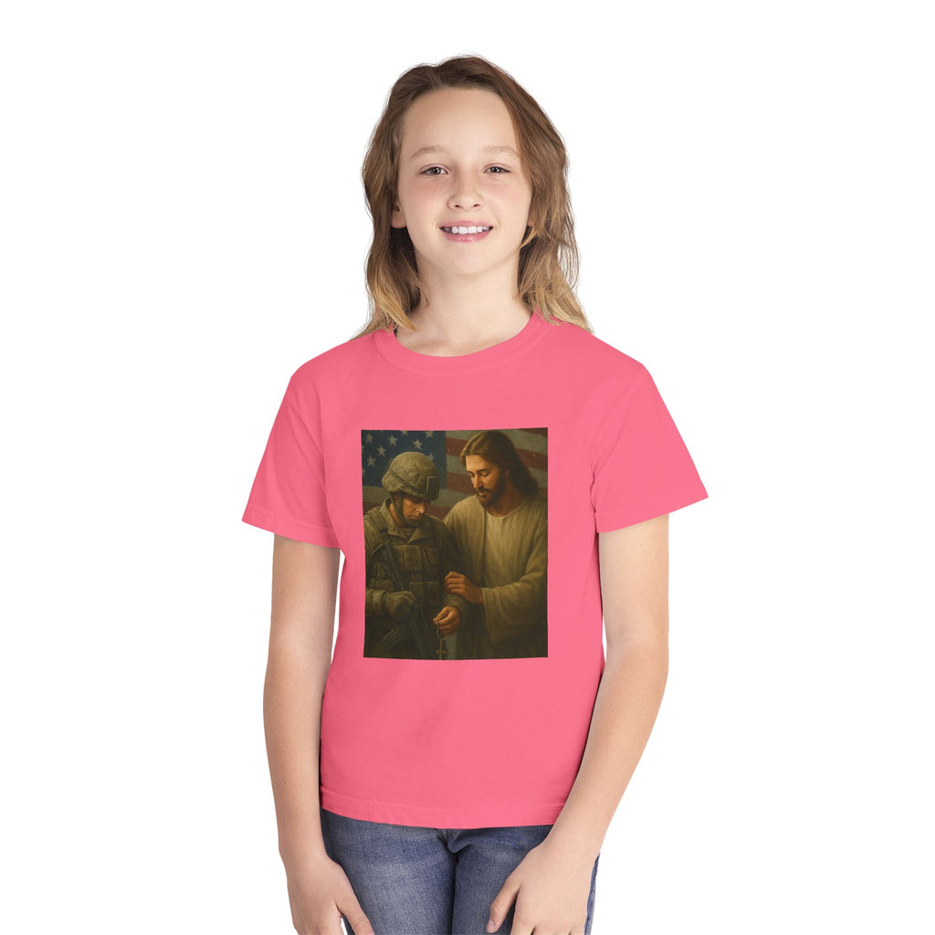 Youth Tee — Jesus Blessing Soldier | Christian Patriot Kids T-Shirt