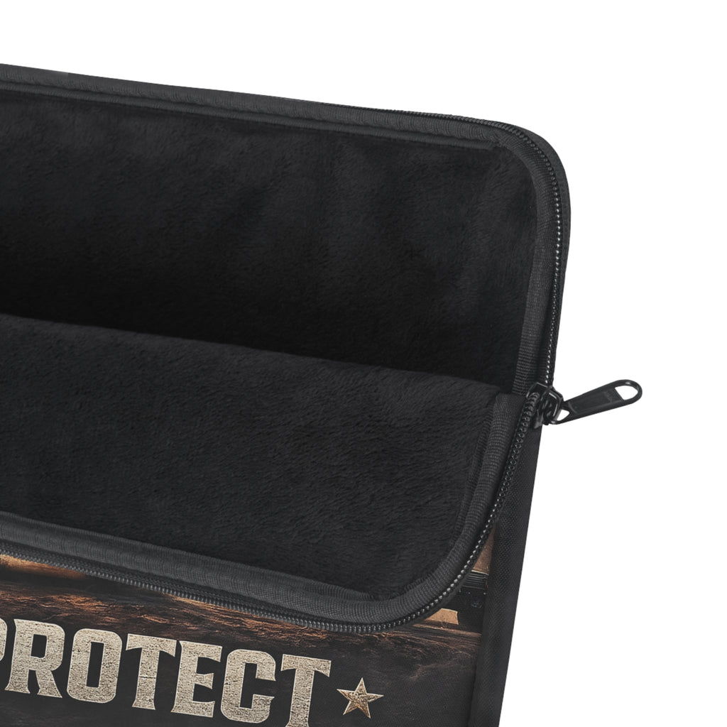 God Protect Military Laptop Sleeve — Patriotic Tanks & Guardian Figure