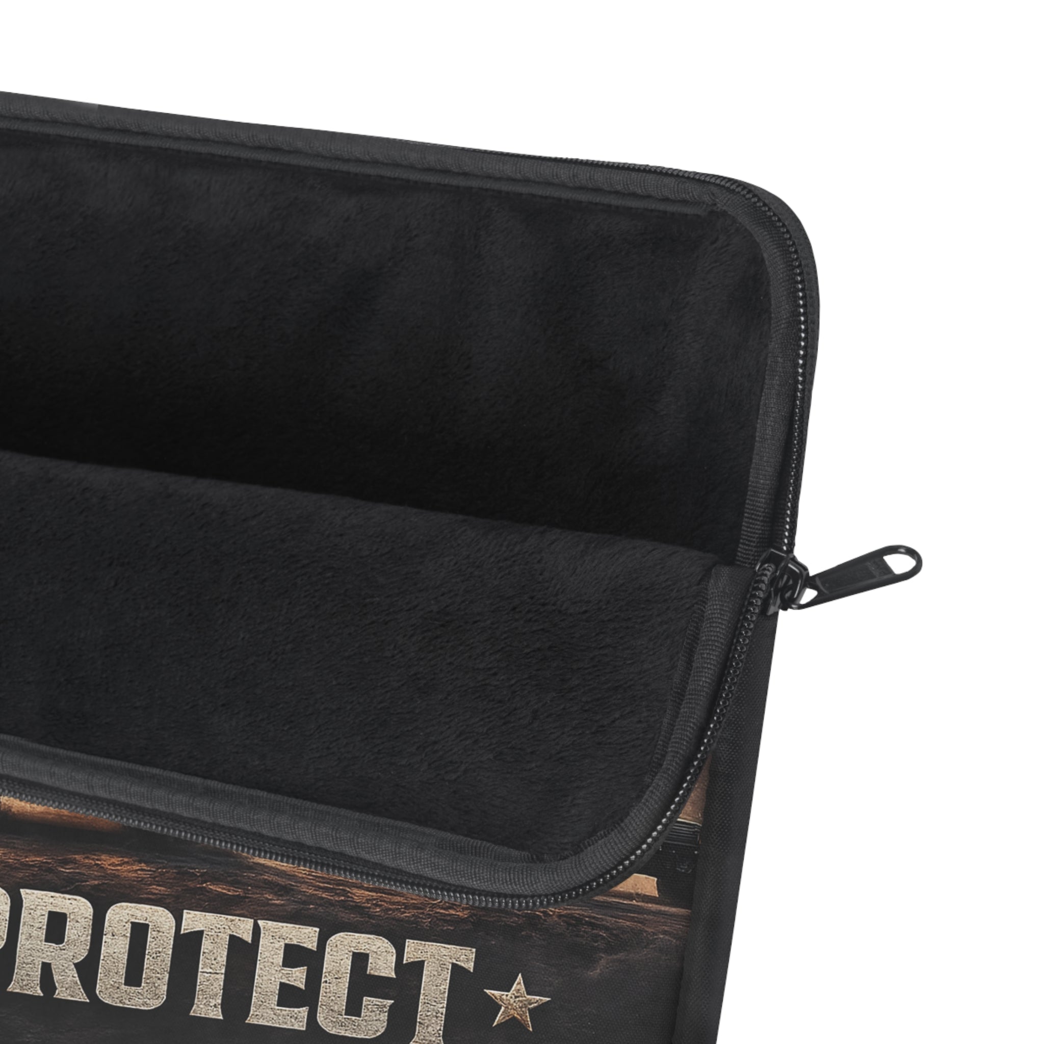 God Protect Military Laptop Sleeve — Patriotic Tanks & Guardian Figure