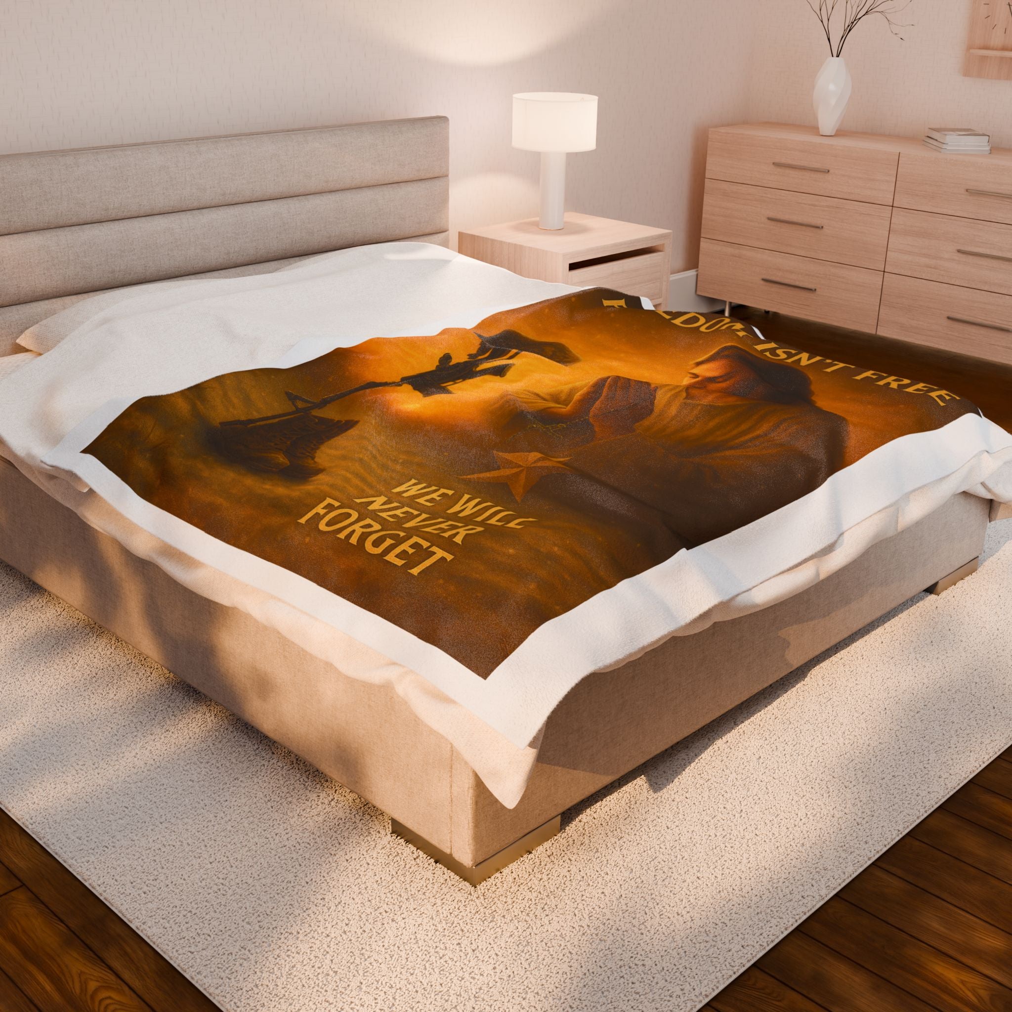We Will Never Forget Velveteen Plush Blanket – ‘Freedom Isn’t Free’ Memorial Prayer Design