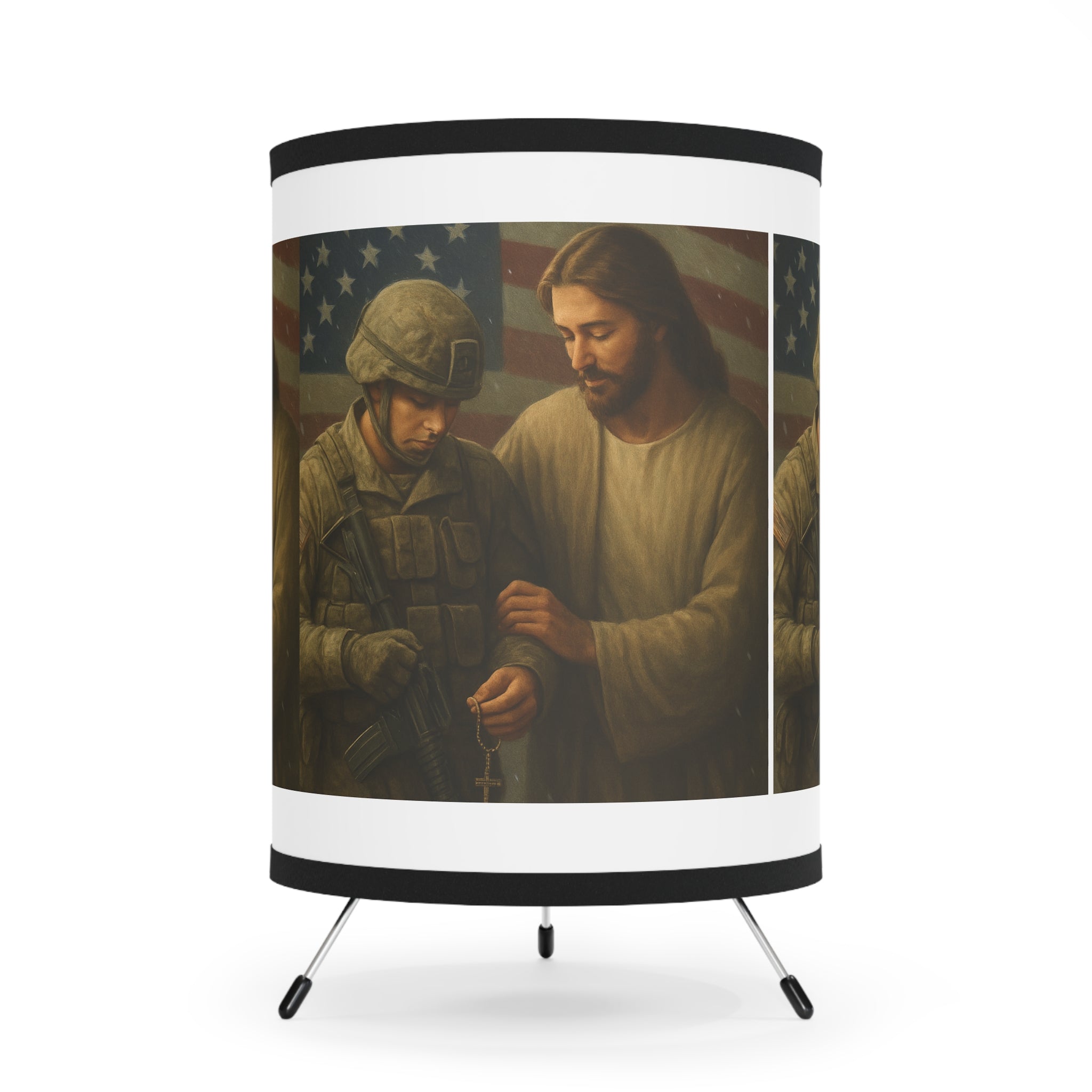 Patriotic Jesus & Soldier Tripod Lamp — Faith-Based Military Table Lamp