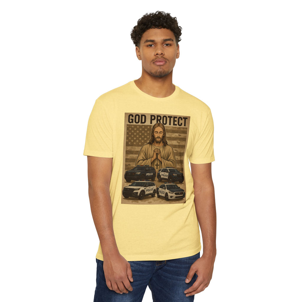 God Protect Police T-Shirt — Prayerful American Flag Law Enforcement Tee