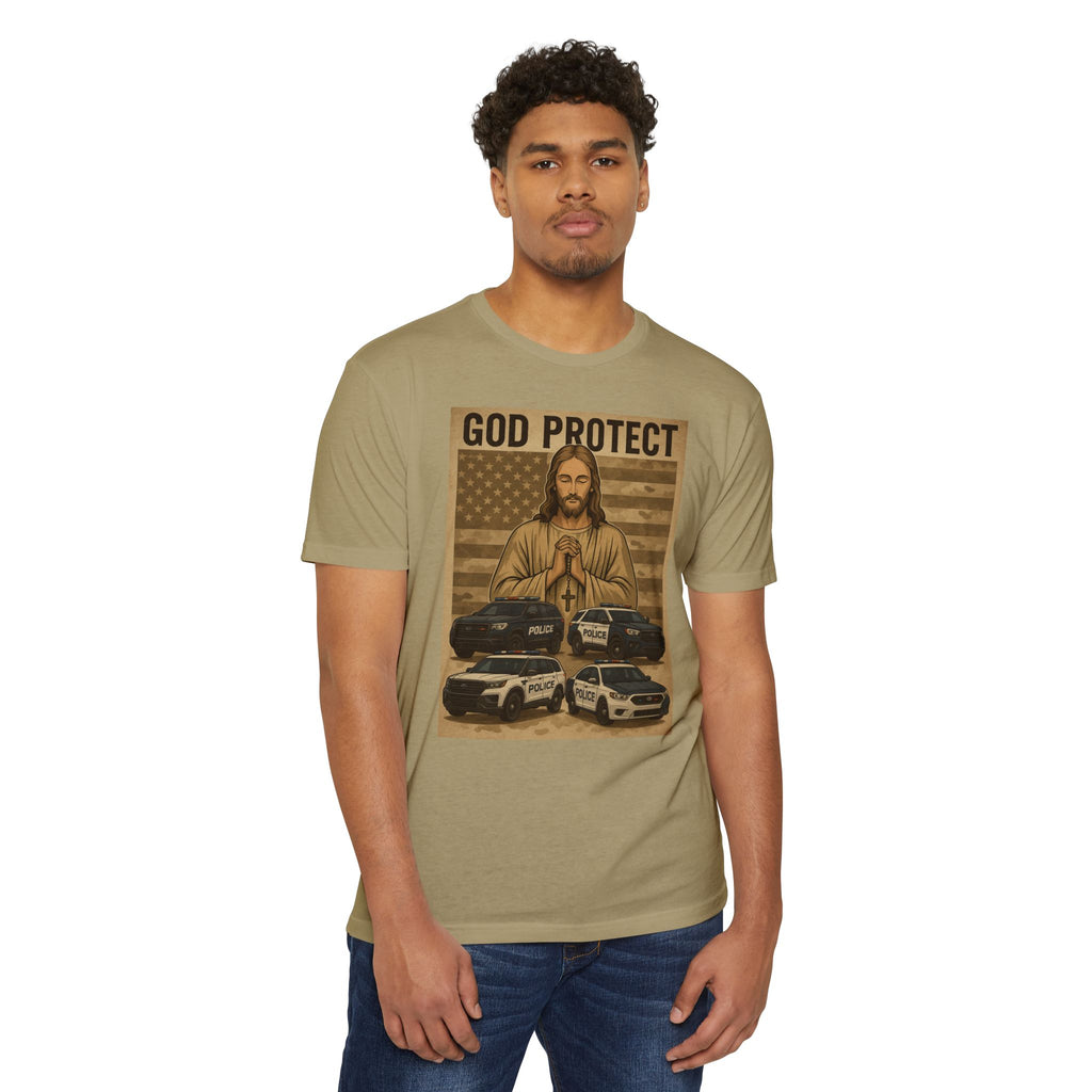 God Protect Police T-Shirt — Prayerful American Flag Law Enforcement Tee