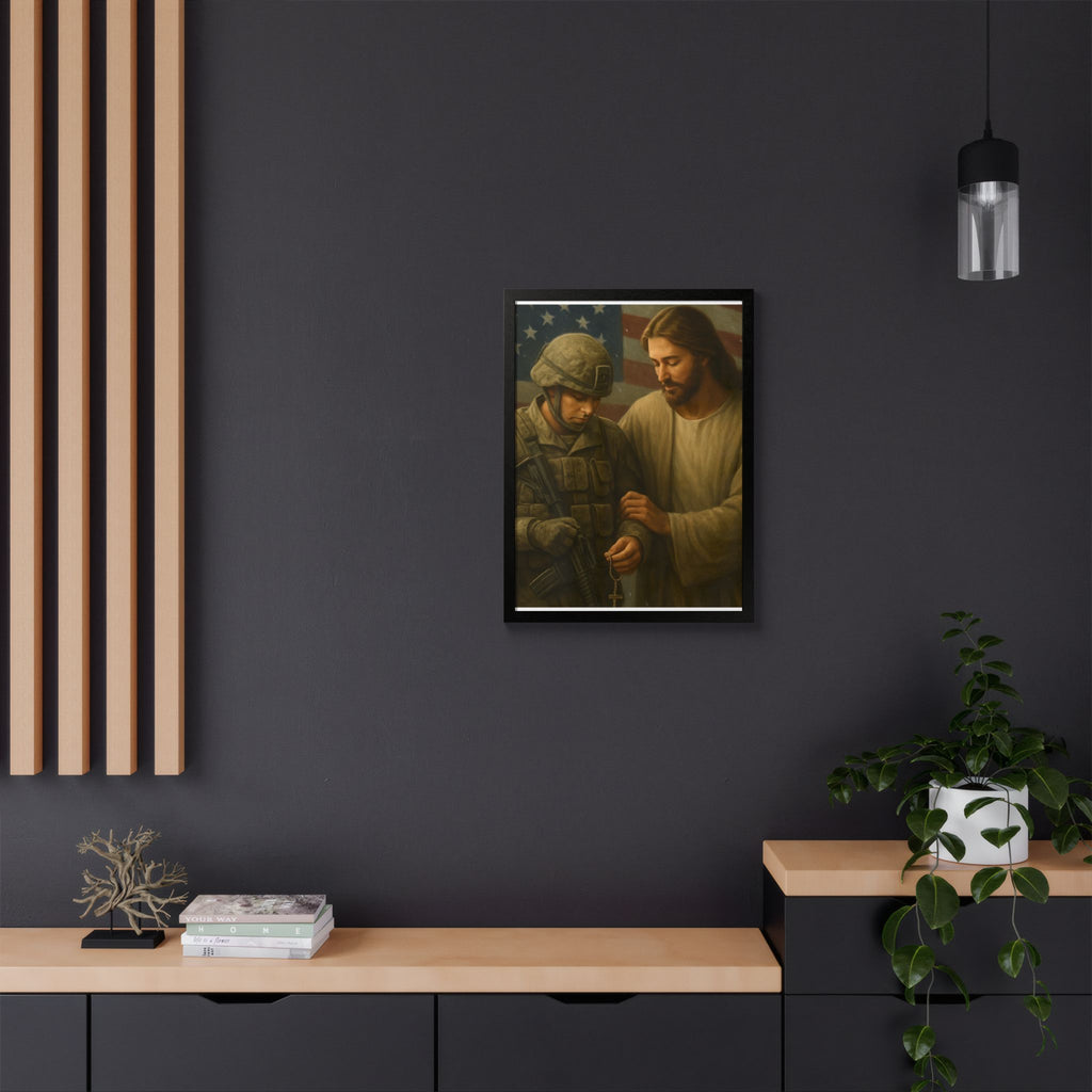 Framed Poster - Jesus Comforting Soldier with American Flag (Faith & Patriotism Wall Art)