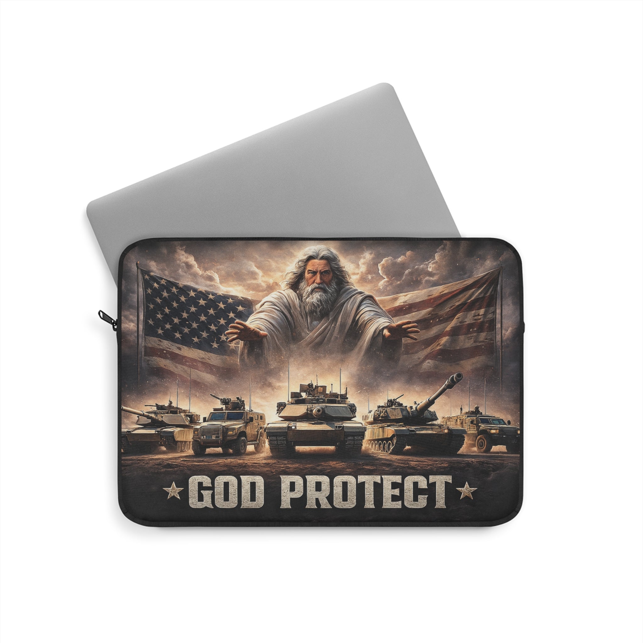 God Protect Military Laptop Sleeve — Patriotic Tanks & Guardian Figure
