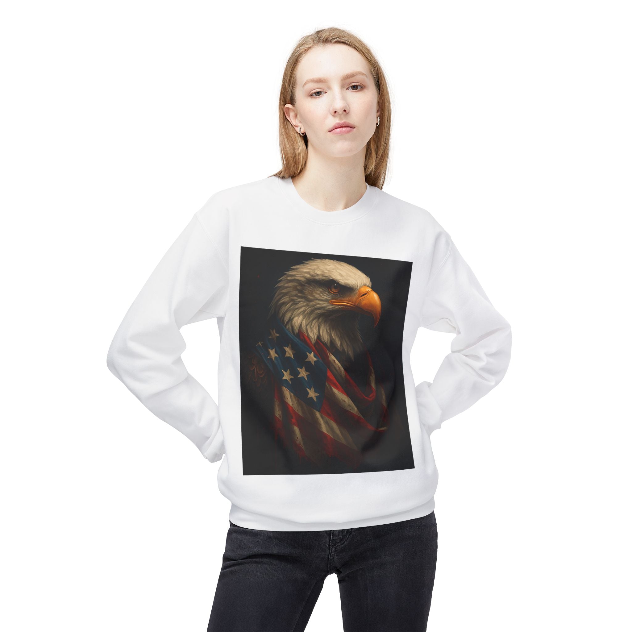 Patriotic Eagle Crewneck Sweatshirt – Bald Eagle with American Flag Design
