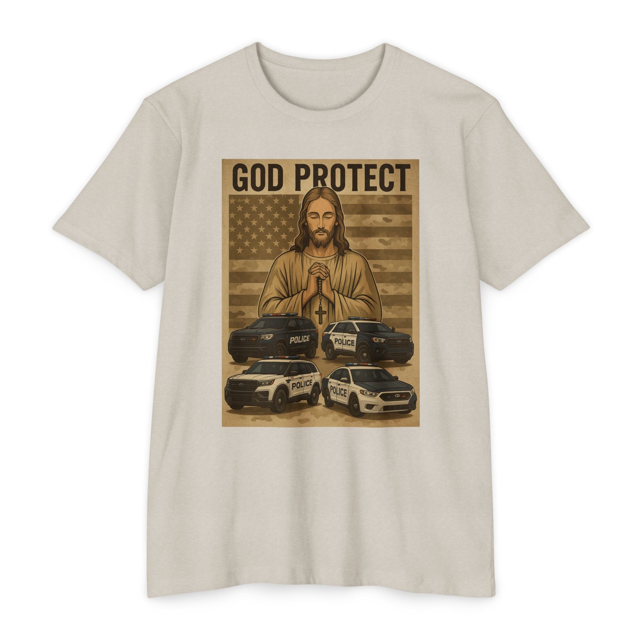 God Protect Police T-Shirt — Prayerful American Flag Law Enforcement Tee