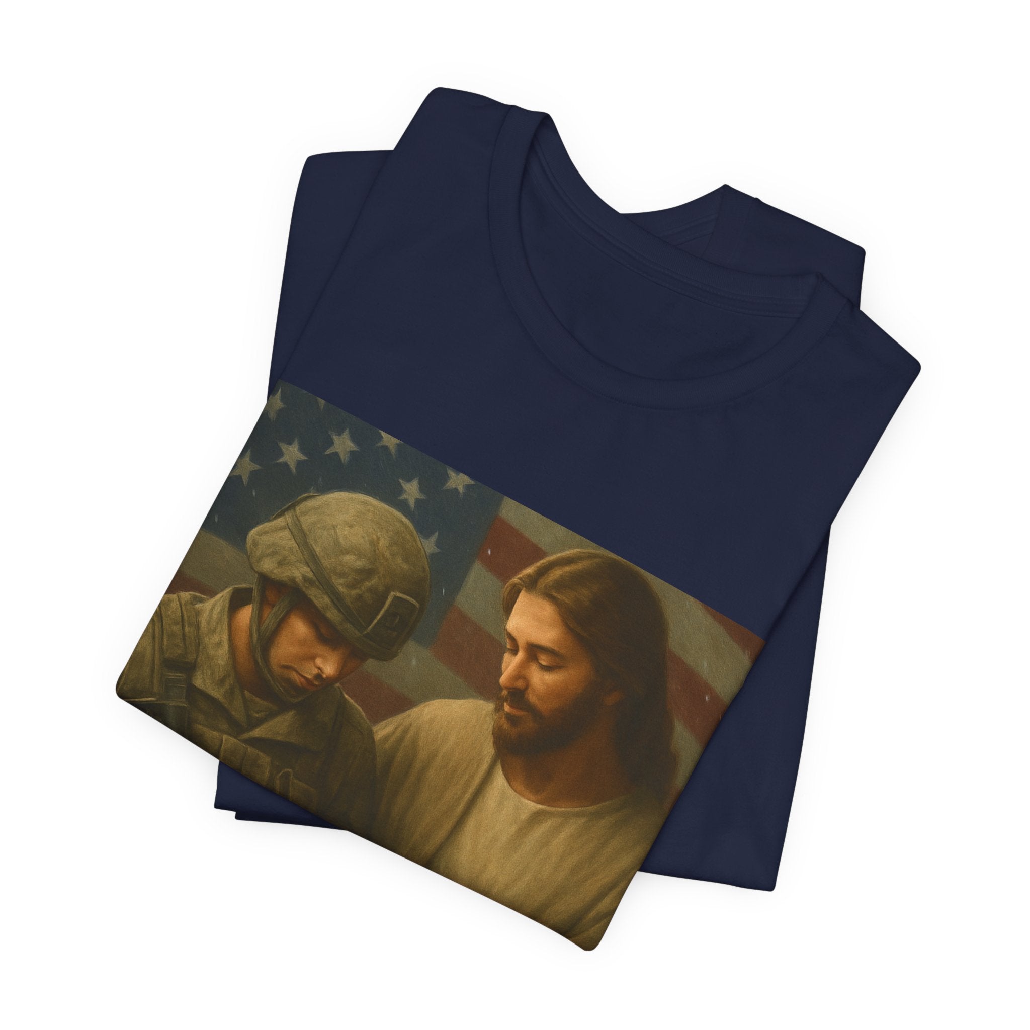 Jesus Comforting Soldier T‑Shirt — Patriot Faith Military Tribute Tee