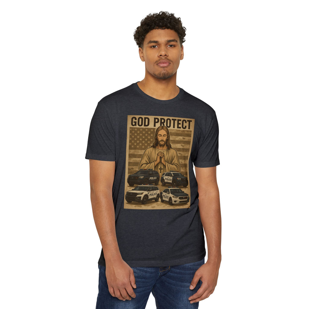 God Protect Police T-Shirt — Prayerful American Flag Law Enforcement Tee