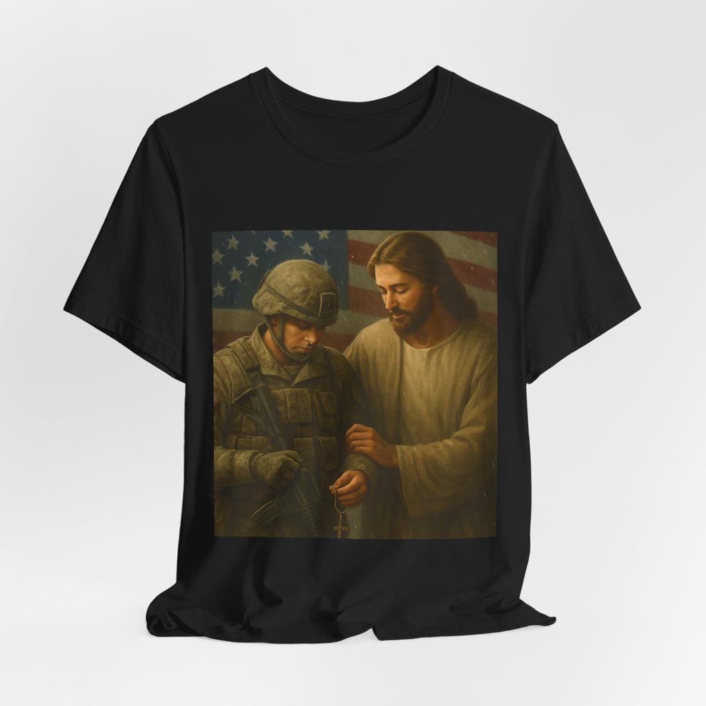 Jesus Comforting Soldier T‑Shirt — Patriot Faith Military Tribute Tee