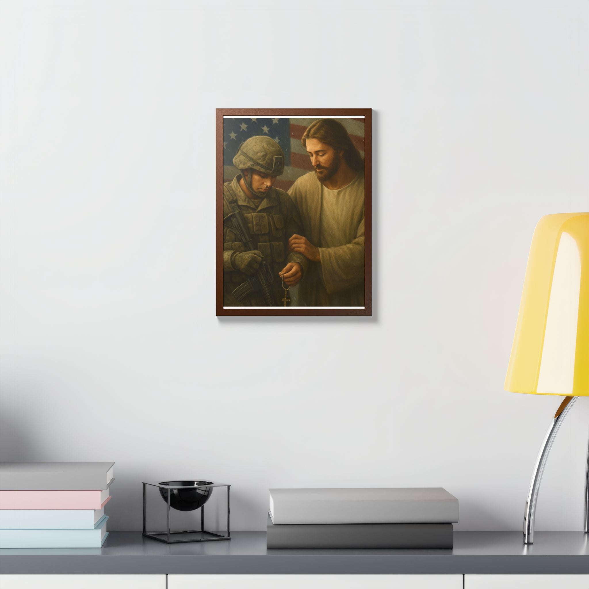 Framed Poster - Jesus Comforting Soldier with American Flag (Faith & Patriotism Wall Art)