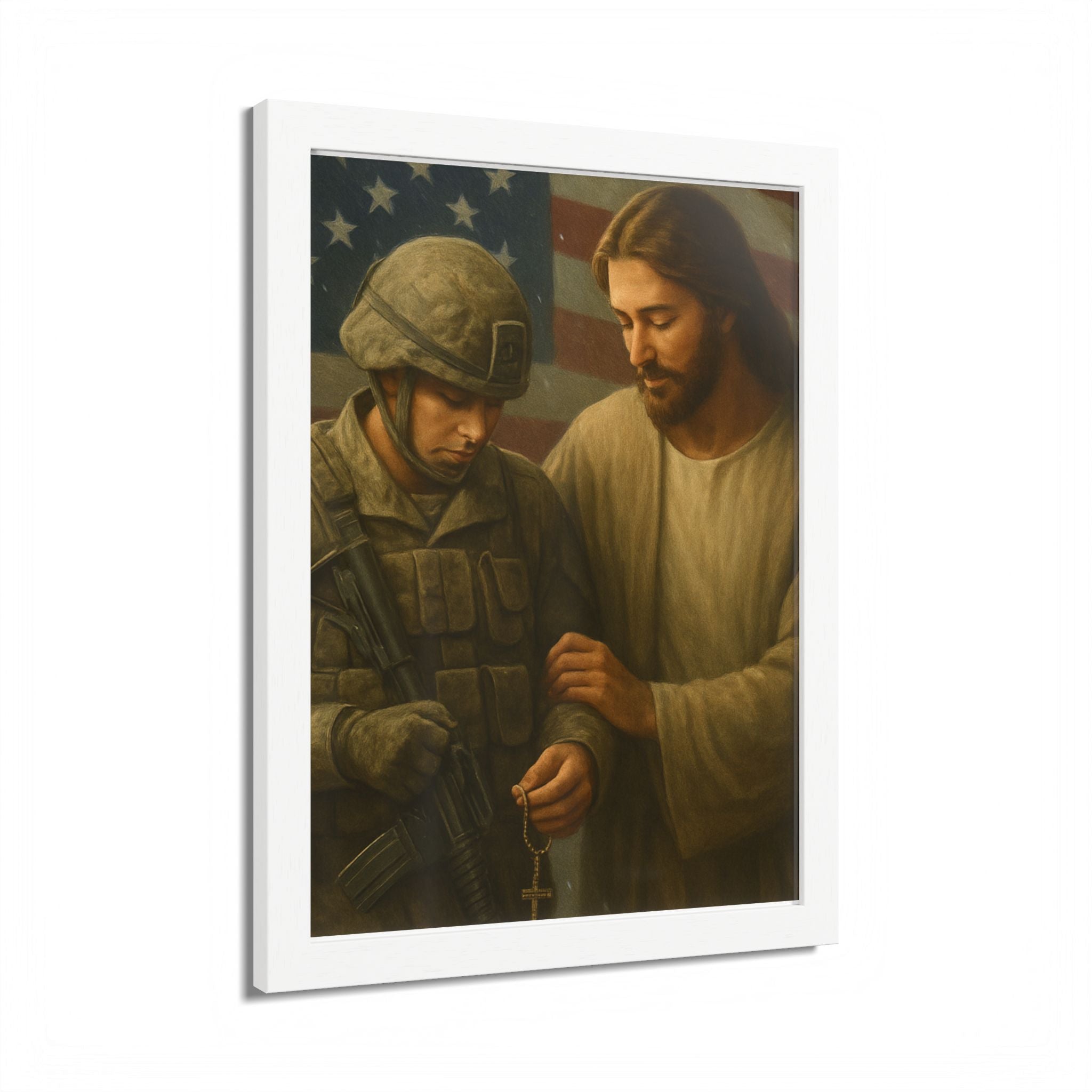 Framed Poster - Jesus Comforting Soldier with American Flag (Faith & Patriotism Wall Art)